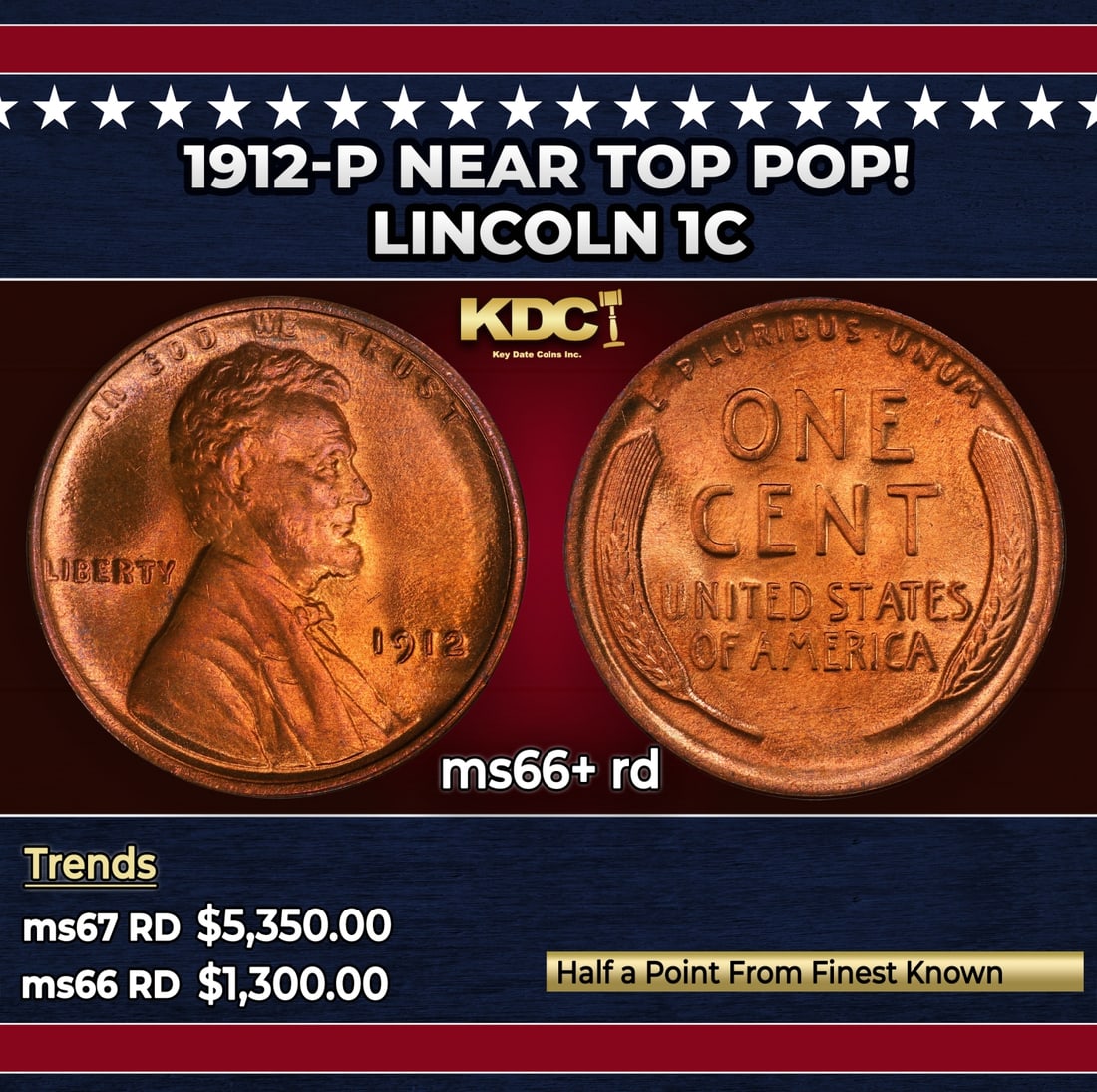 1912-p Lincoln Cent Near Top Pop! 1c ms66+ rd SEGS: 1912-p Near Top Pop! Lincoln Cent 1c ms66+ rd SEGS.