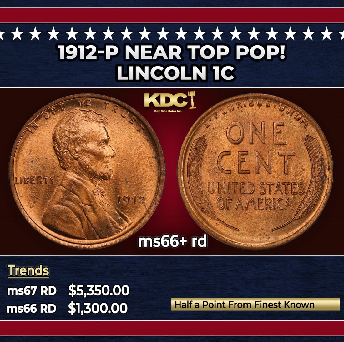 1912-p Lincoln Cent Near Top Pop! 1c ms66+ rd SEGS: 1912-p Near Top Pop! Lincoln Cent 1c ms66+ rd SEGS.