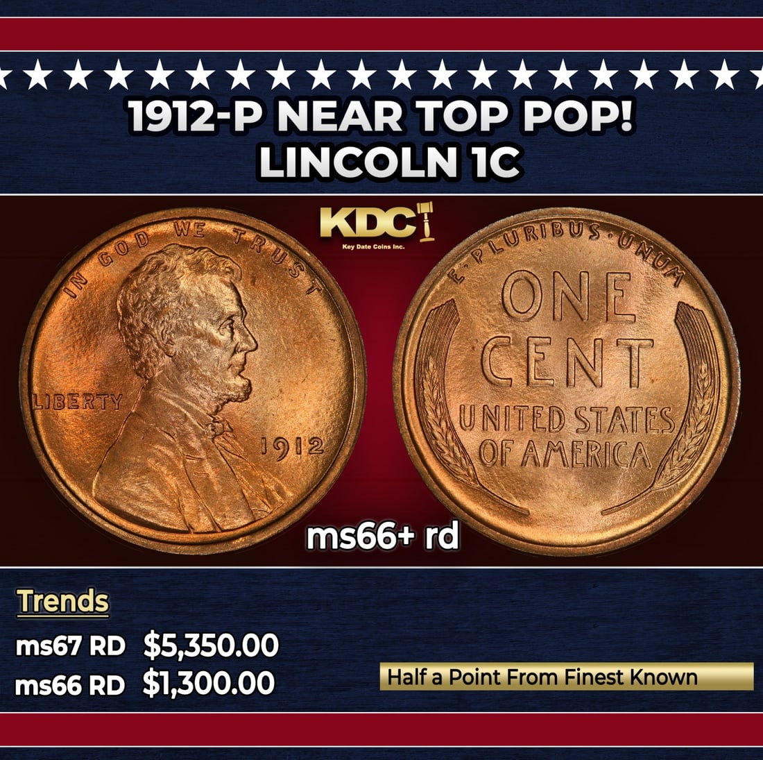 1912-p Lincoln Cent Near Top Pop! 1c ms66+ rd SEGS: 1912-p Near Top Pop! Lincoln Cent 1c ms66+ rd SEGS.