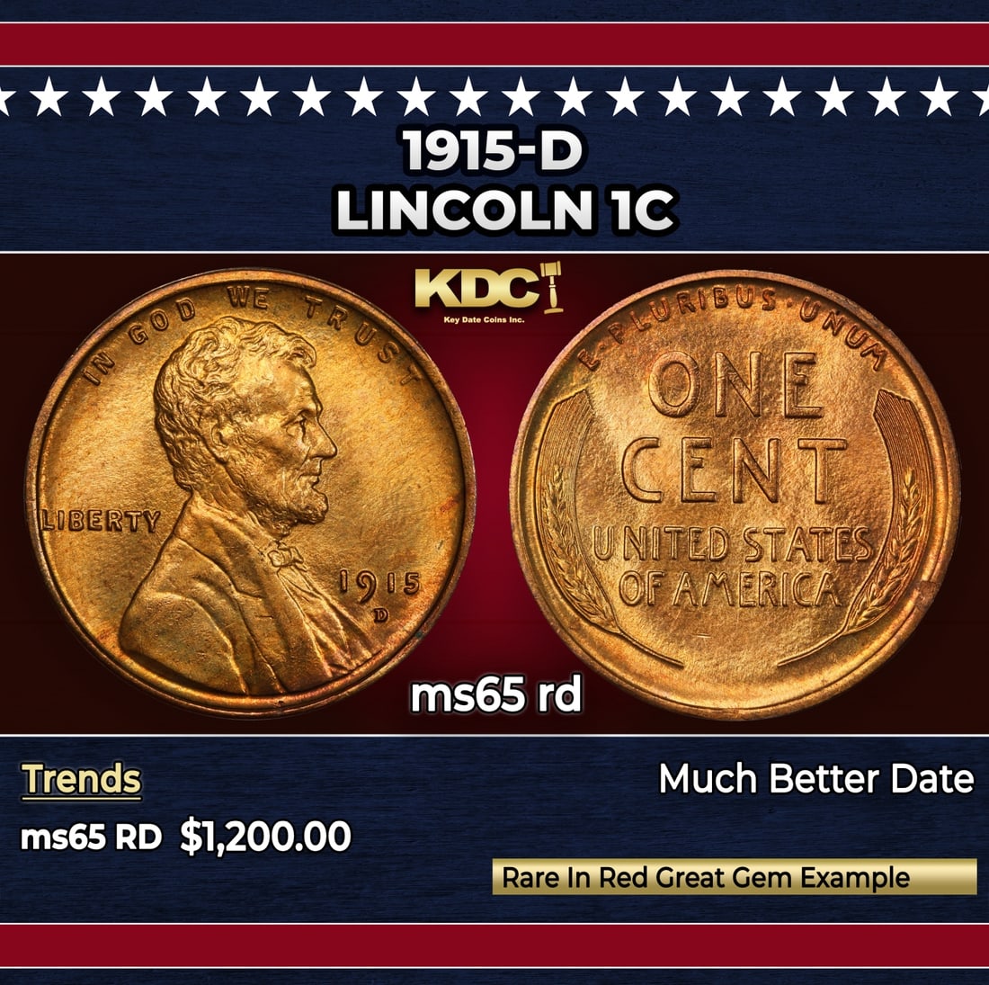 1915-d Lincoln Cent 1c ms65 rd SEGS: 1915-d Lincoln Cent 1c ms65 rd SEGS. Incredibly scarce date. Per David Hall at PCGS " Like the 1913-D, the 1915-D is a scarce and somewhat underrated semi-key date"