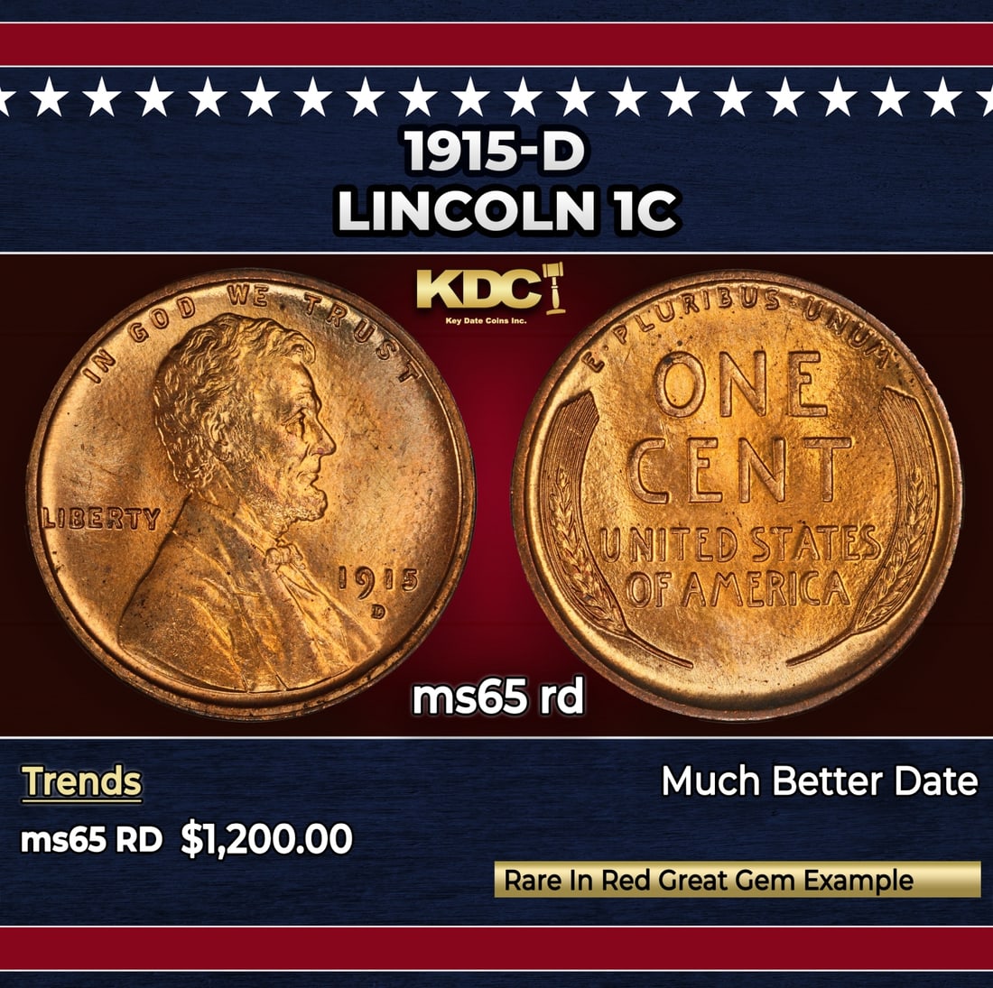 1915-d Lincoln Cent 1c ms65 rd SEGS: 1915-d Lincoln Cent 1c ms65 rd SEGS. Incredibly scarce date. Per David Hall at PCGS " Like the 1913-D, the 1915-D is a scarce and somewhat underrated semi-key date"