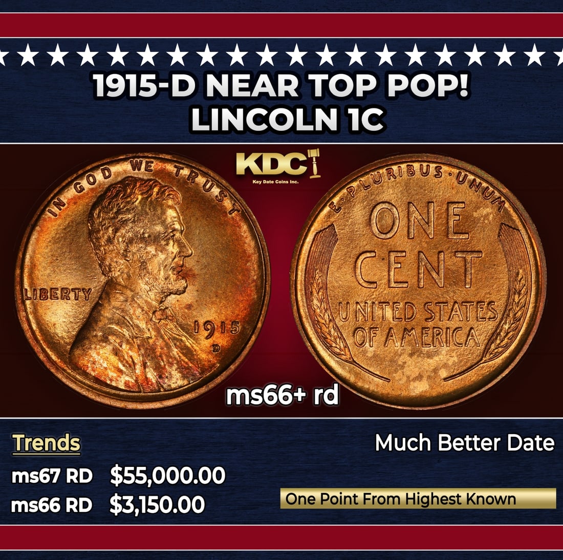 1915-d Lincoln Cent Near Top Pop! 1c ms66+ rd SEGS: 1915-d Near Top Pop! Lincoln Cent 1c ms66+ rd SEGS. Incredibly scarce date. Per David Hall at PCGS " Like the 1913-D, the 1915-D is a scarce and somewhat underrated semi-key date"