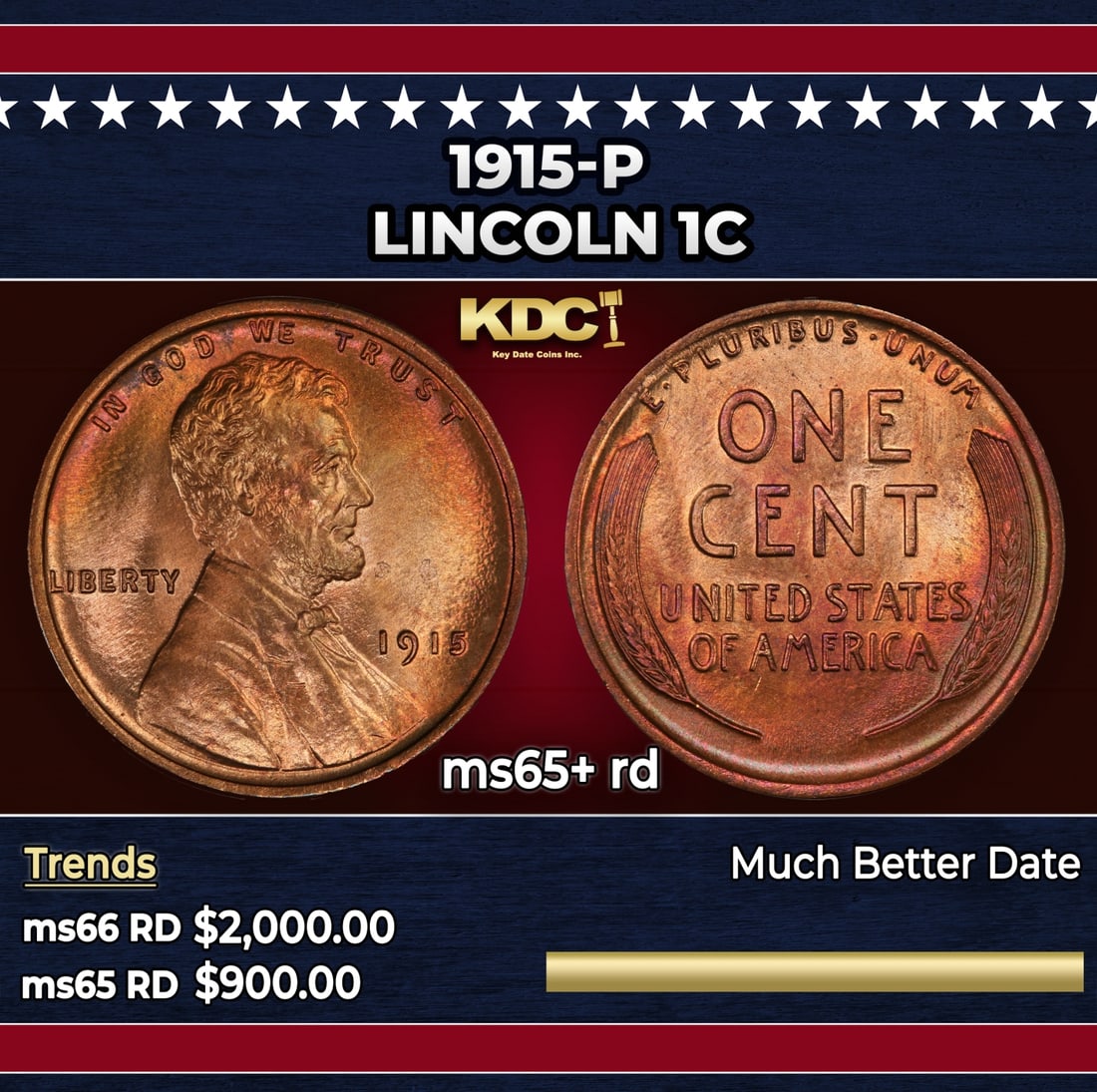 1915-p Lincoln Cent 1c ms65+ rd SEGS: 1915-p Lincoln Cent 1c ms65+ rd SEGS.