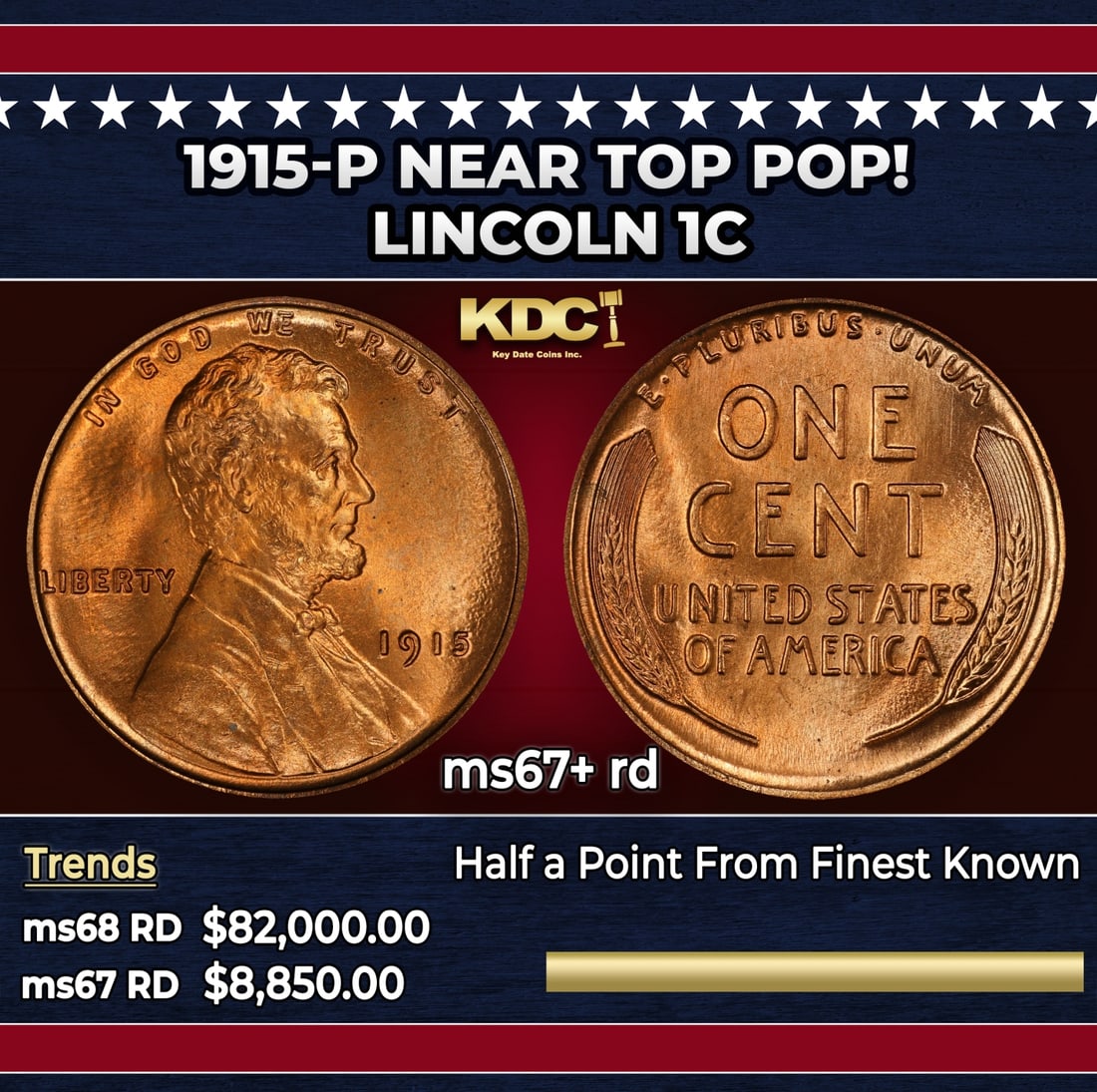 1915-p Lincoln Cent Near Top Pop! 1c ms67+ rd SEGS: 1915-p Near Top Pop! Lincoln Cent 1c ms67+ rd SEGS.