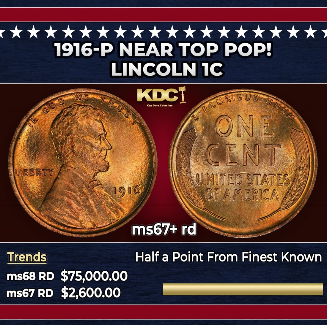 1916-p Lincoln Cent Near Top Pop! 1c ms67+ rd SEGS: 1916-p Near Top Pop! Lincoln Cent 1c ms67+ rd SEGS.