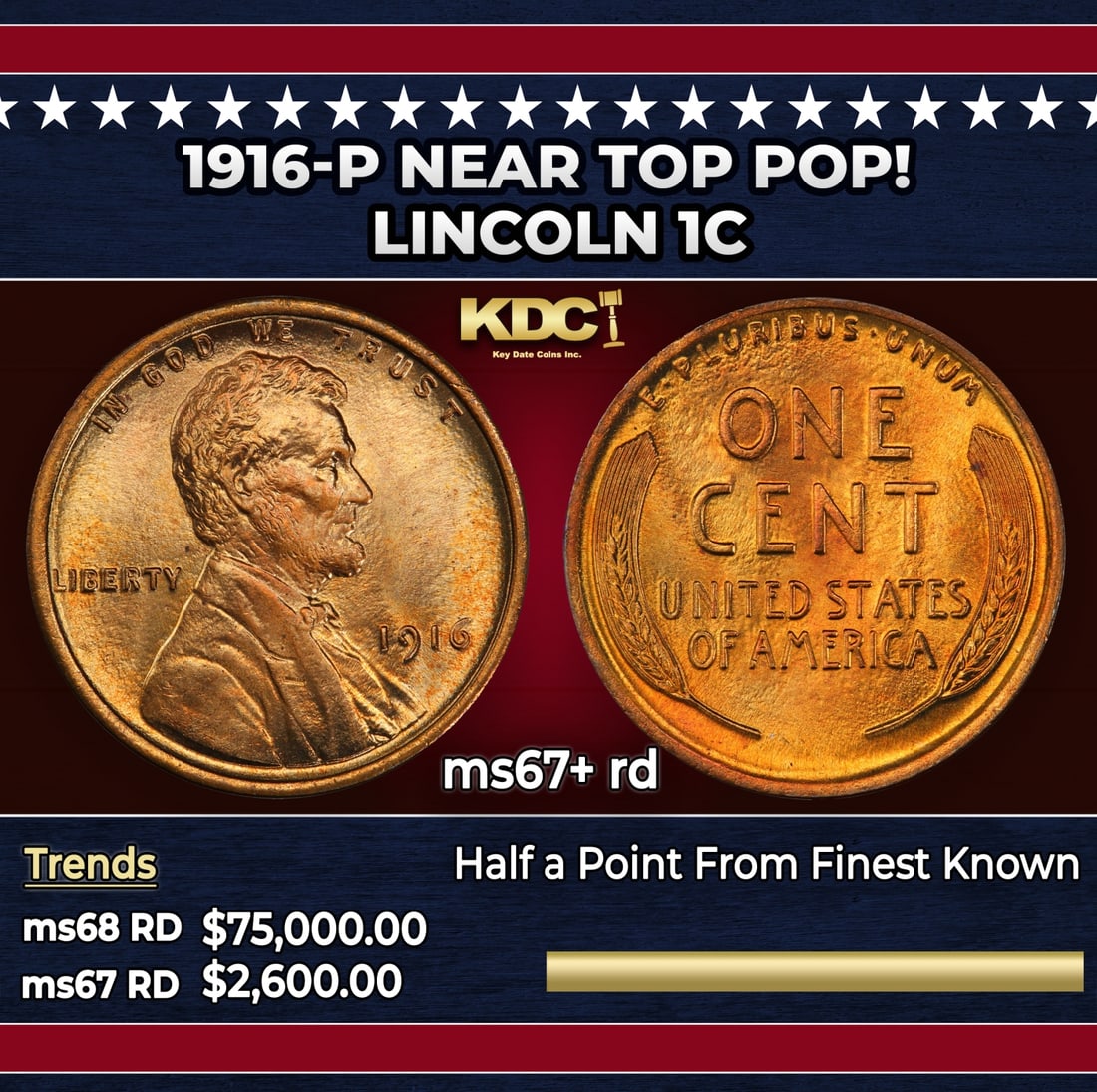 1916-p Lincoln Cent Near Top Pop! 1c ms67+ rd SEGS: 1916-p Near Top Pop! Lincoln Cent 1c ms67+ rd SEGS.