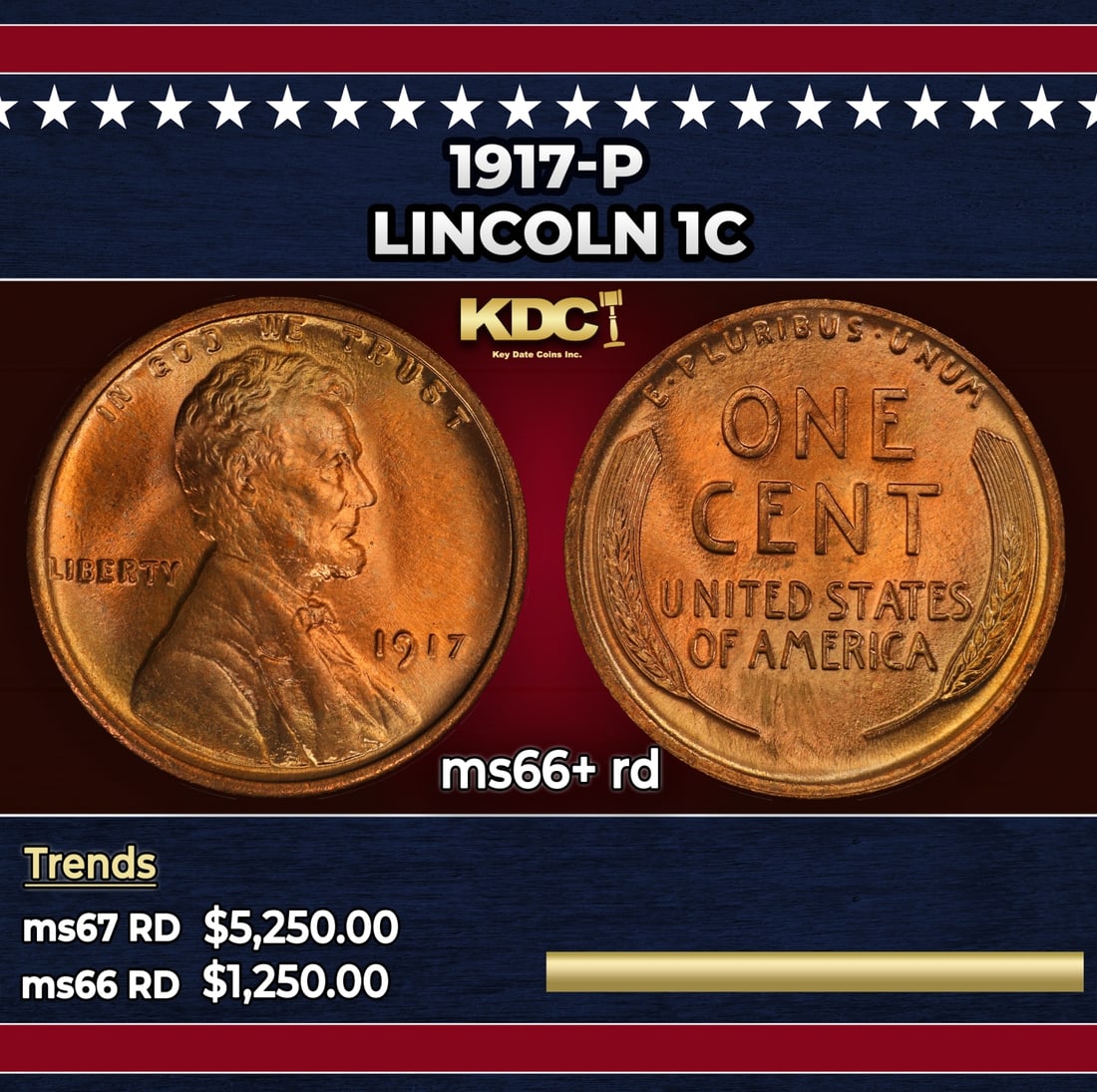 1917-p Lincoln Cent 1c ms66+ rd SEGS: 1917-p Lincoln Cent 1c ms66+ rd SEGS.