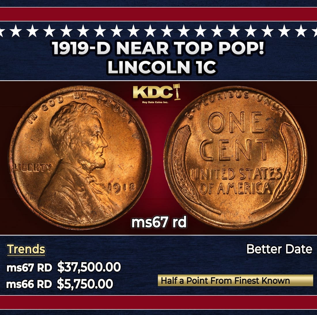 1918-p Lincoln Cent 1c ms66 rd SEGS (1 of 3)