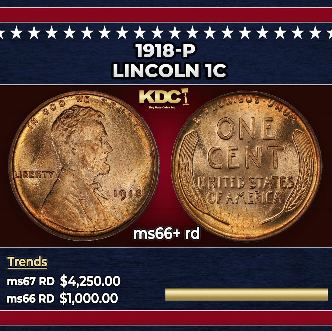 1918-p Lincoln Cent 1c ms66+ rd SEGS: 1918-p Lincoln Cent 1c ms66+ rd SEGS.