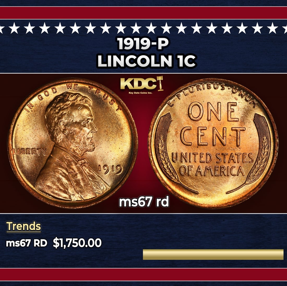 1919-p Lincoln Cent 1c ms67 rd SEGS: 1919-p Lincoln Cent 1c ms67 rd SEGS.