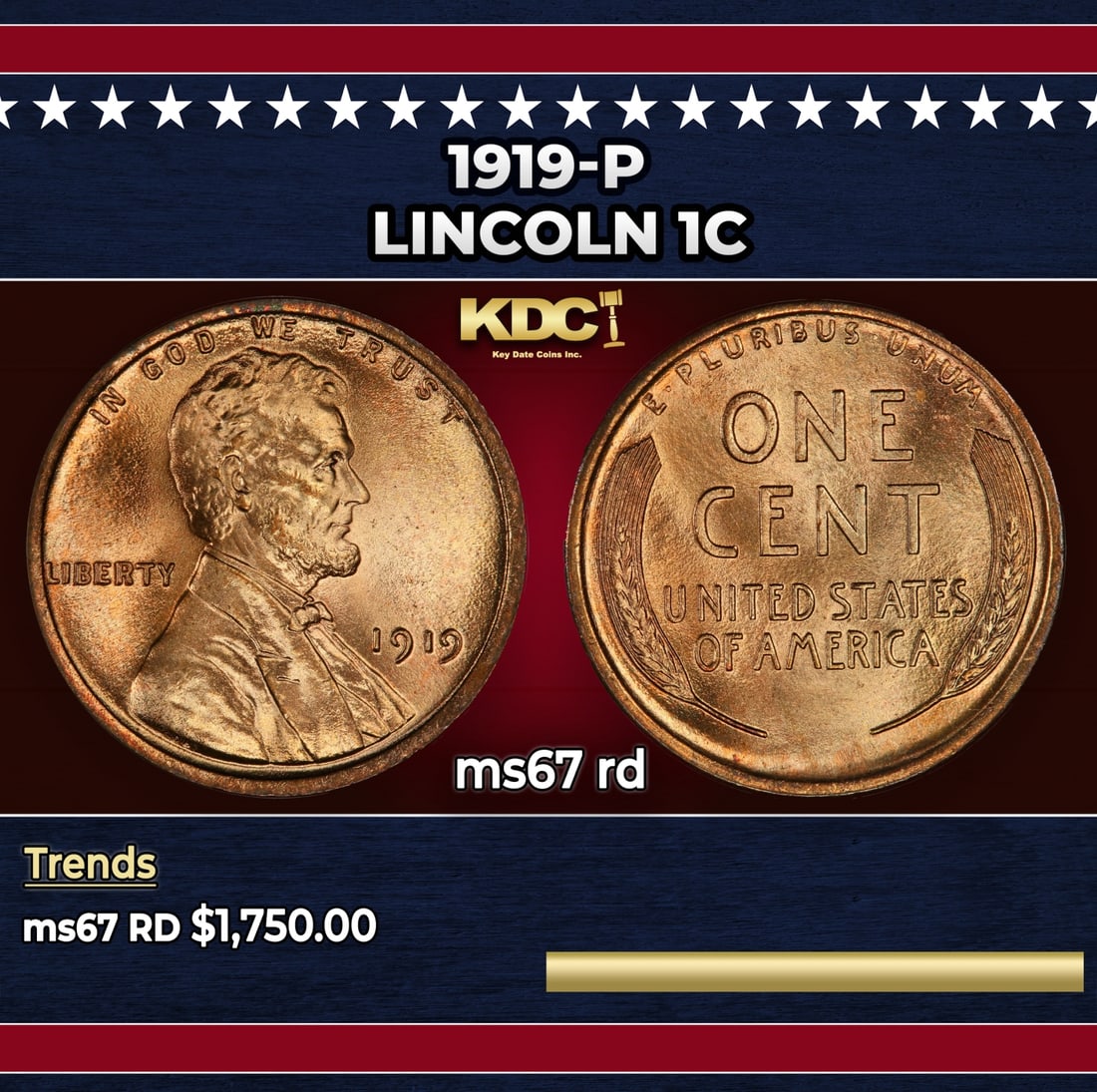 1919-p Lincoln Cent 1c ms67 rd SEGS: 1919-p Lincoln Cent 1c ms67 rd SEGS.