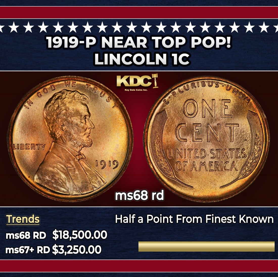 1919-p Lincoln Cent Near Top Pop! 1c ms68 rd SEGS: 1919-p Near Top Pop! Lincoln Cent 1c ms68 rd SEGS.