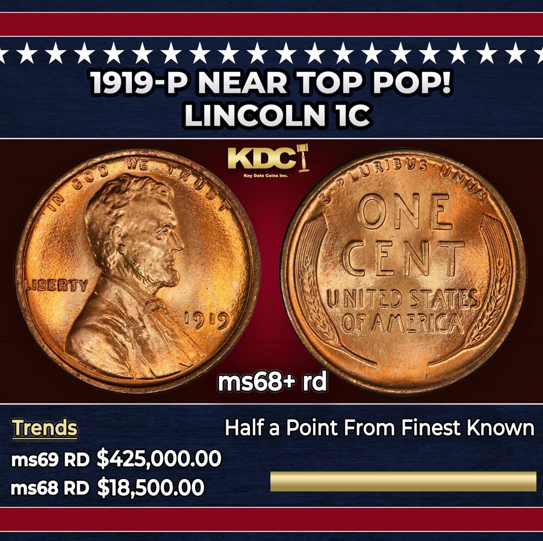 1919-p Lincoln Cent Near Top Pop! 1c ms68+ rd SEGS: 1919-p Near Top Pop! Lincoln Cent 1c ms68+ rd SEGS.