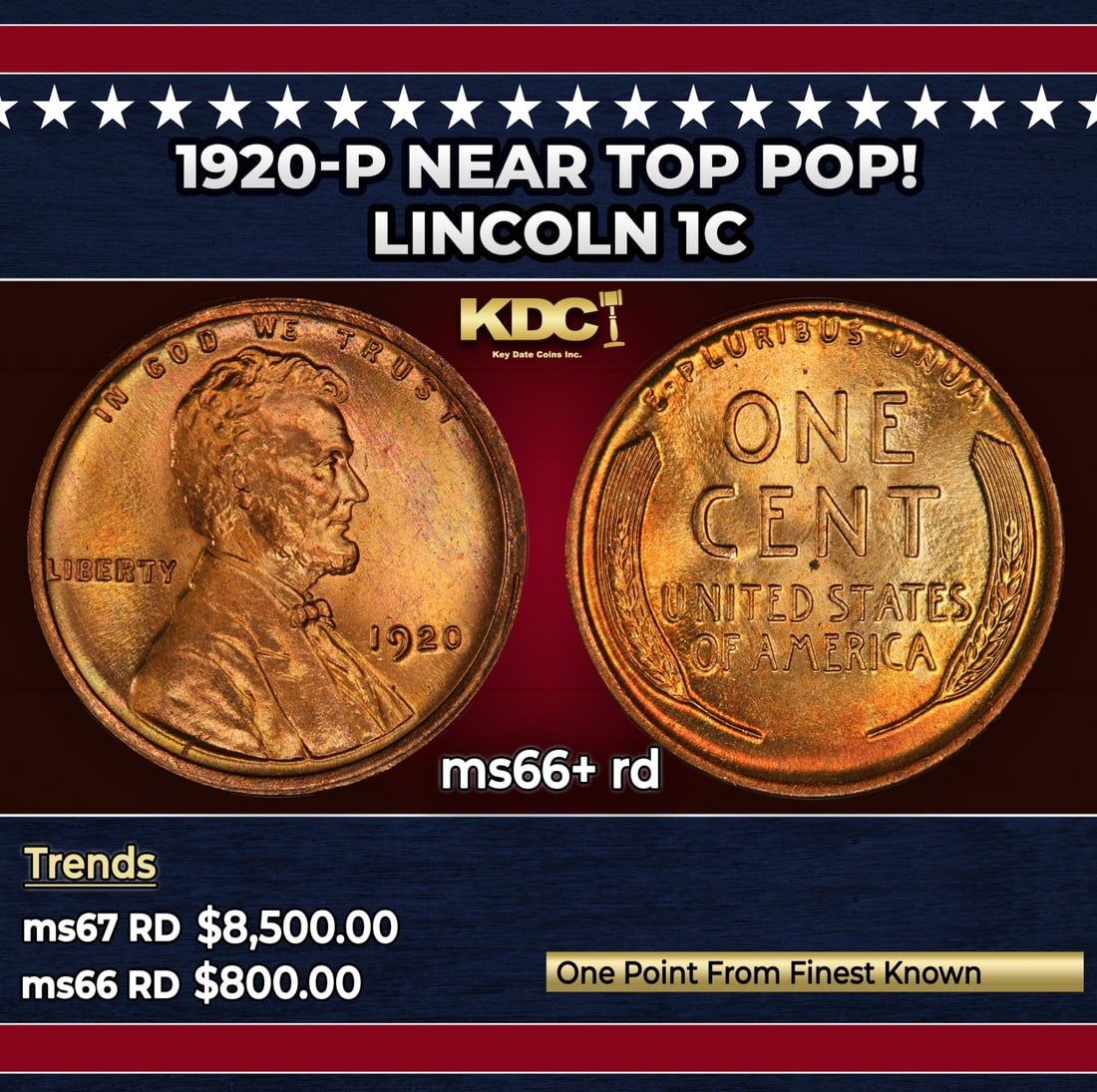1920-p Lincoln Cent Near Top Pop! 1c ms66+ rd SEGS: 1920-p Near Top Pop! Lincoln Cent 1c ms66+ rd SEGS.