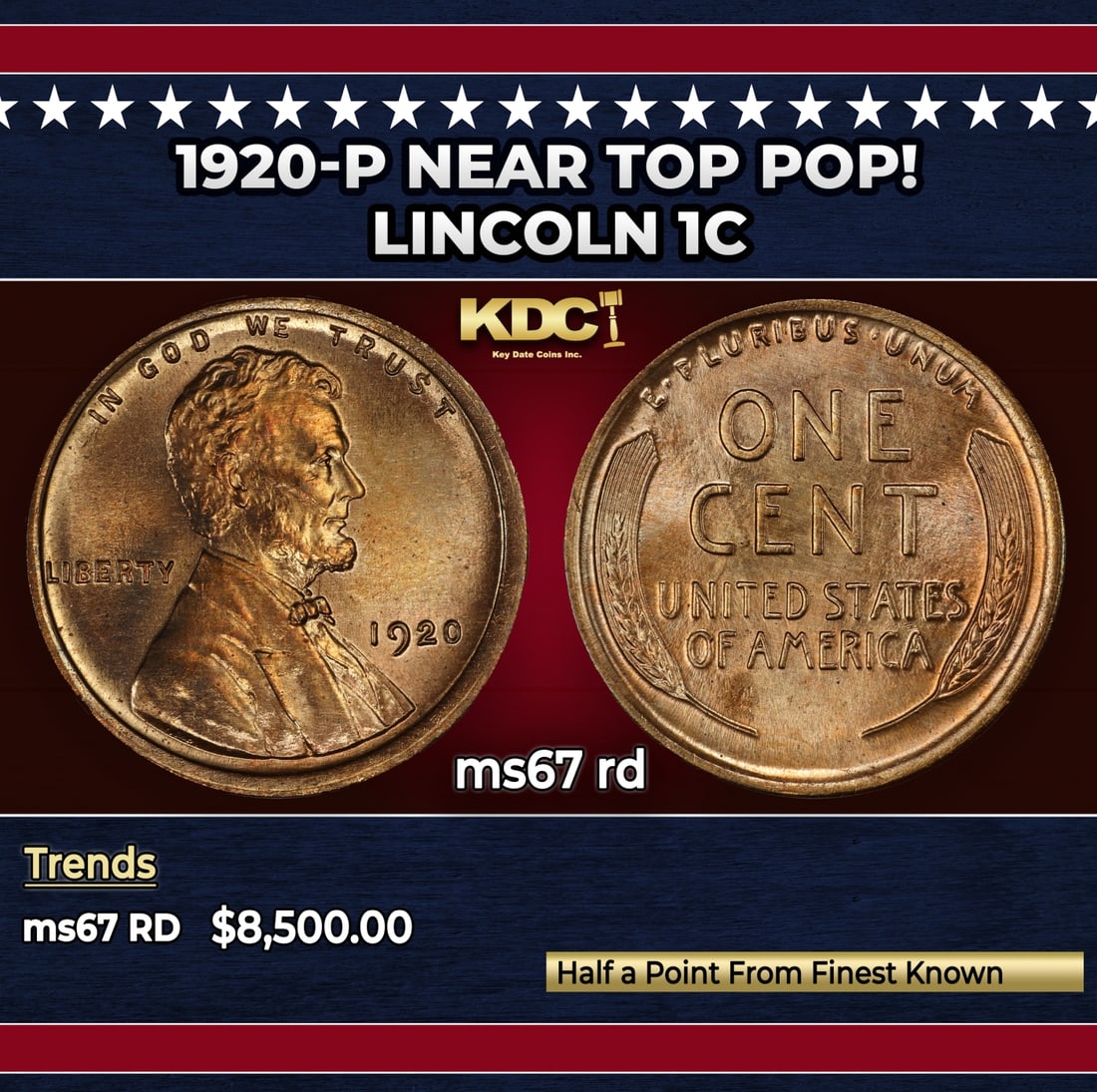 1920-p Lincoln Cent Near Top Pop! 1c ms67 rd SEGS: 1920-p Near Top Pop! Lincoln Cent 1c ms67 rd SEGS.
