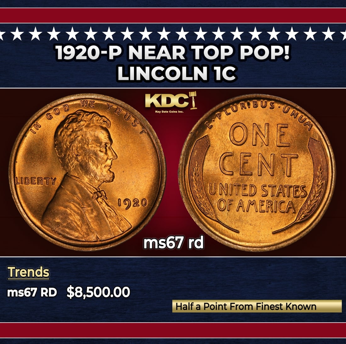 1920-p Lincoln Cent Near Top Pop! 1c ms67 rd SEGS: 1920-p Near Top Pop! Lincoln Cent 1c ms67 rd SEGS.