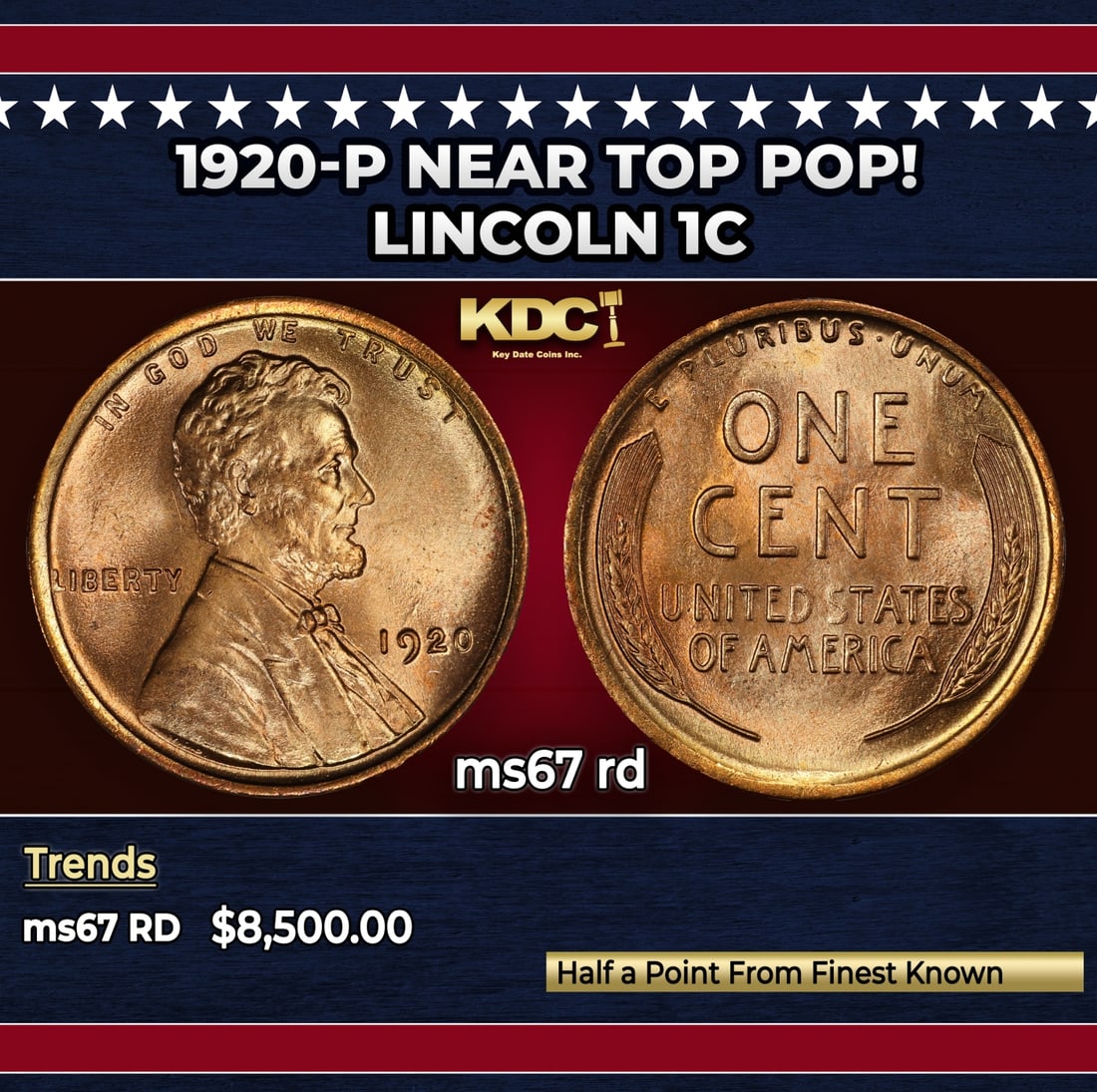 1920-p Lincoln Cent Near Top Pop! 1c ms67 rd SEGS: 1920-p Near Top Pop! Lincoln Cent 1c ms67 rd SEGS.