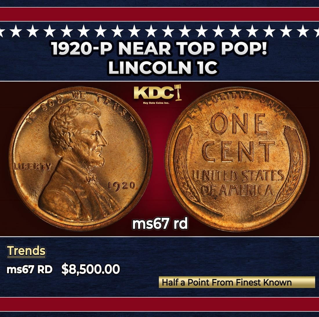 1920-p Lincoln Cent Near Top Pop! 1c ms67 rd SEGS: 1920-p Near Top Pop! Lincoln Cent 1c ms67 rd SEGS.