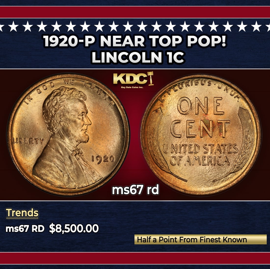 1920-p Lincoln Cent Near Top Pop! 1c ms67 rd SEGS: 1920-p Near Top Pop! Lincoln Cent 1c ms67 rd SEGS.