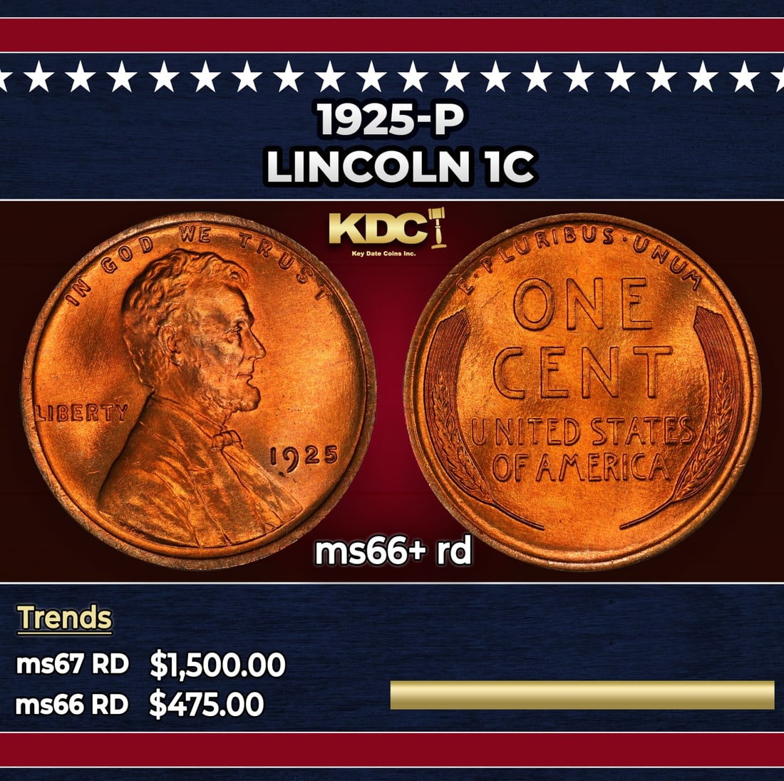 1925-p Lincoln Cent 1c ms66+ rd SEGS: 1925-p Lincoln Cent 1c ms66+ rd SEGS.
