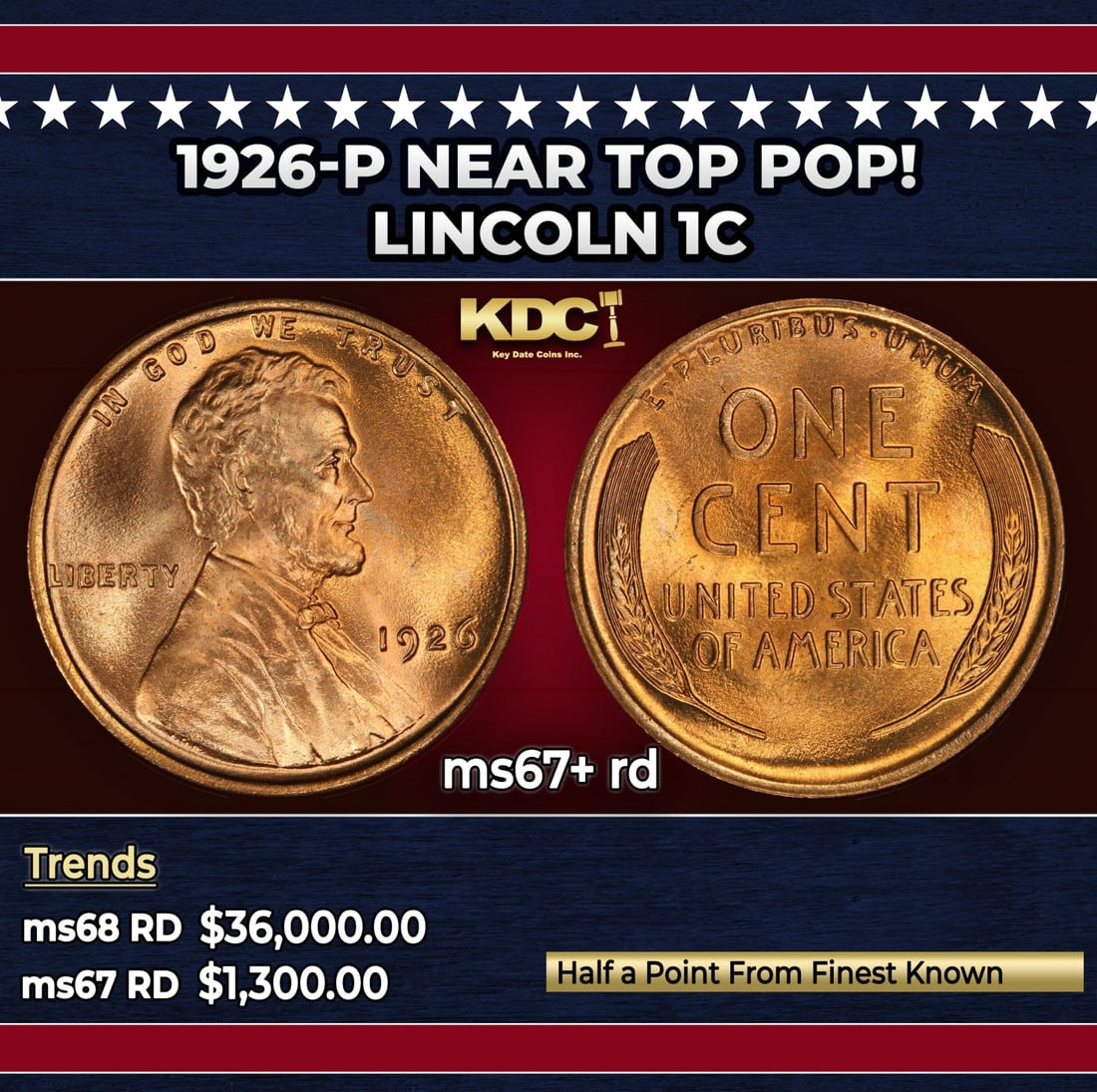 1926-p Lincoln Cent Near Top Pop! 1c ms67+ rd SEGS: 1926-p Near Top Pop! Lincoln Cent 1c ms67+ rd SEGS.