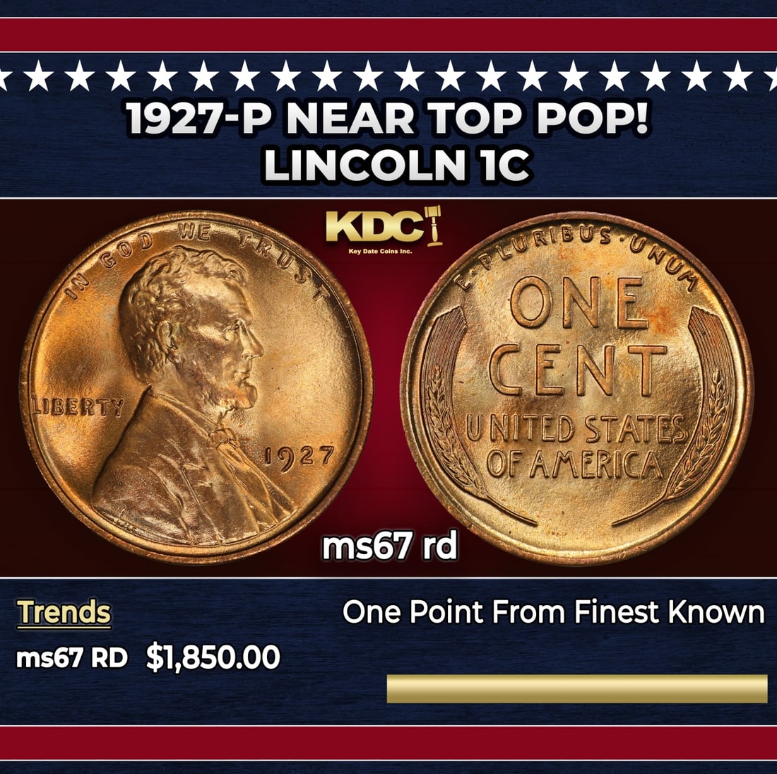 1927-p Lincoln Cent Near Top Pop! 1c ms67 rd SEGS: 1927-p Near Top Pop! Lincoln Cent 1c ms67 rd SEGS.