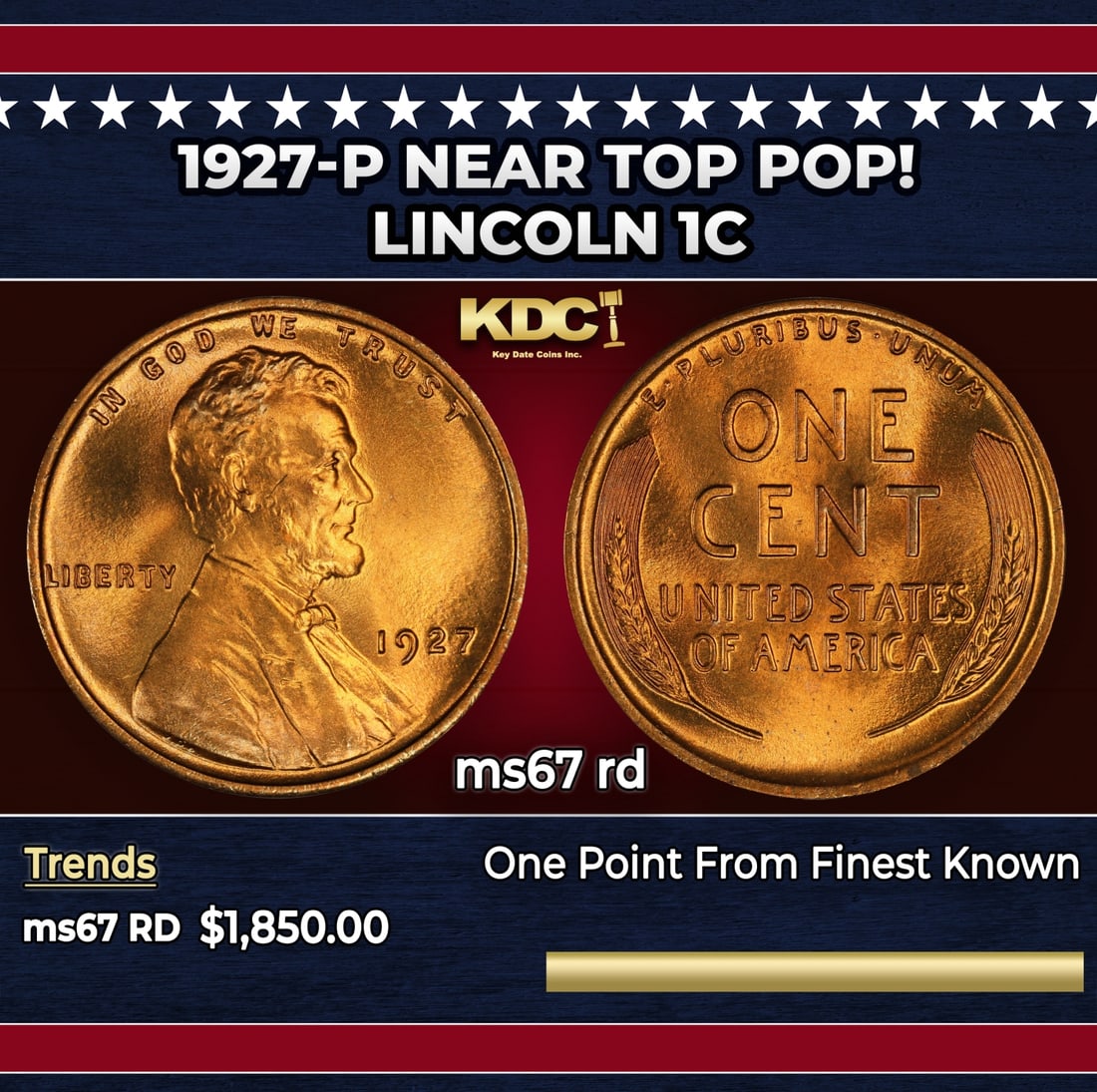 1927-p Lincoln Cent Near Top Pop! 1c ms67 rd SEGS: 1927-p Near Top Pop! Lincoln Cent 1c ms67 rd SEGS.