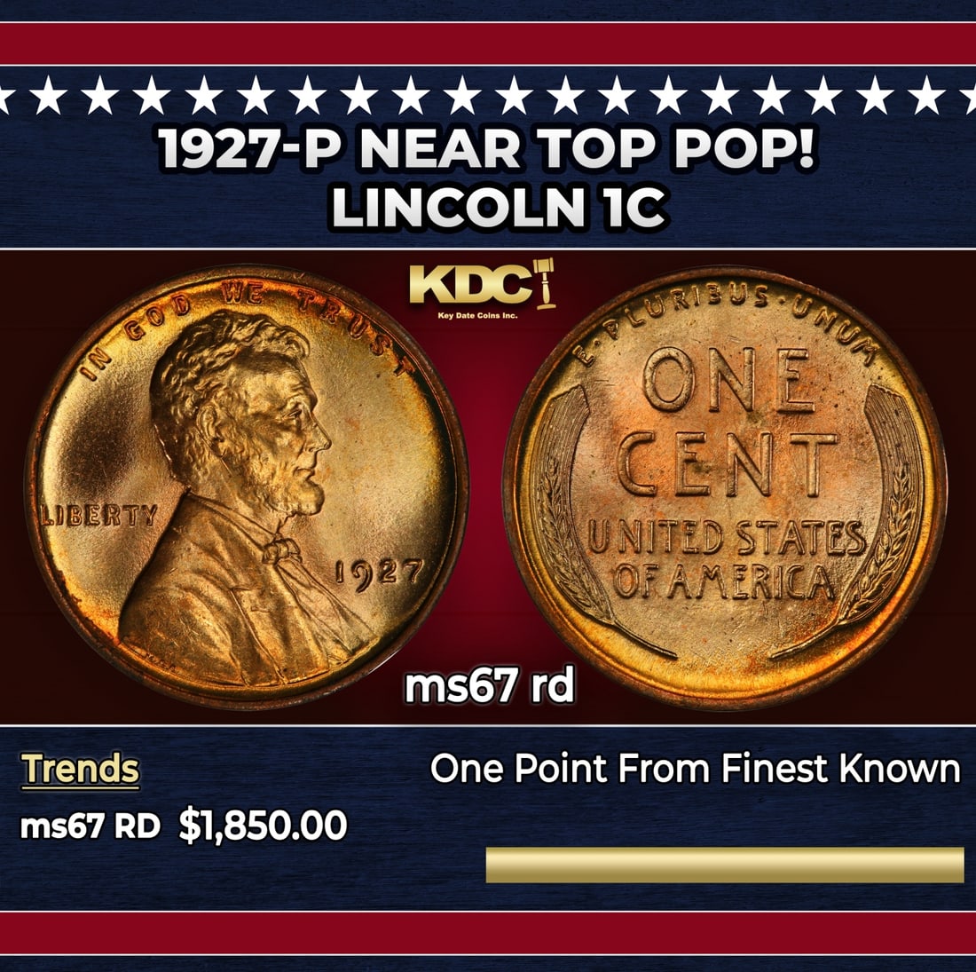 1927-p Lincoln Cent Near Top Pop! 1c ms67 rd SEGS: 1927-p Near Top Pop! Lincoln Cent 1c ms67 rd SEGS.