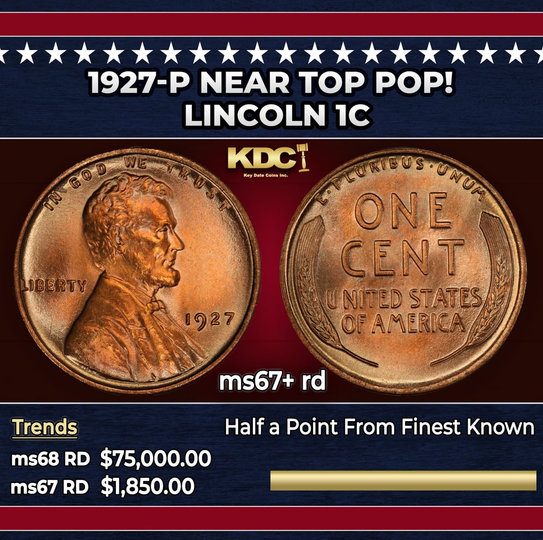 1927-p Lincoln Cent Near Top Pop! 1c ms67+ rd SEGS: 1927-p Near Top Pop! Lincoln Cent 1c ms67+ rd SEGS.