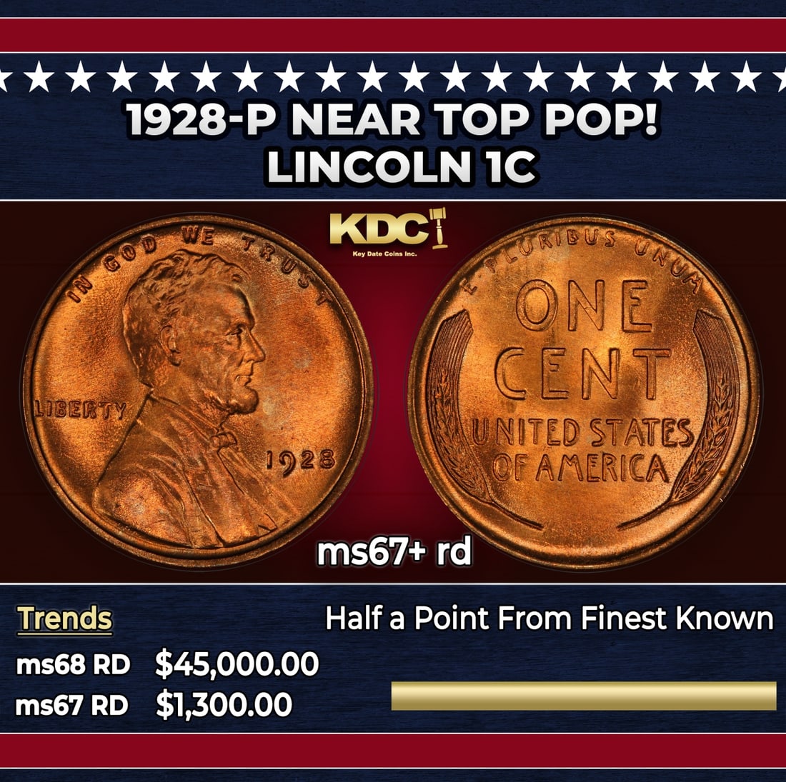 1928-p Lincoln Cent Near Top Pop! 1c ms67+ rd SEGS: 1928-p Near Top Pop! Lincoln Cent 1c ms67+ rd SEGS.