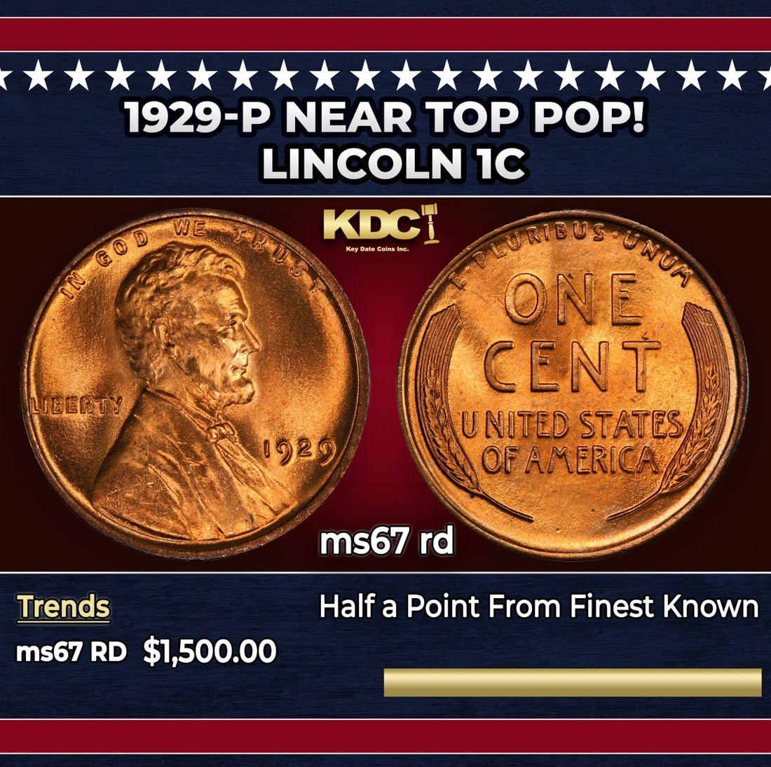 1929-p Lincoln Cent Near Top Pop! 1c ms67 rd SEGS: 1929-p Near Top Pop! Lincoln Cent 1c ms67 rd SEGS.