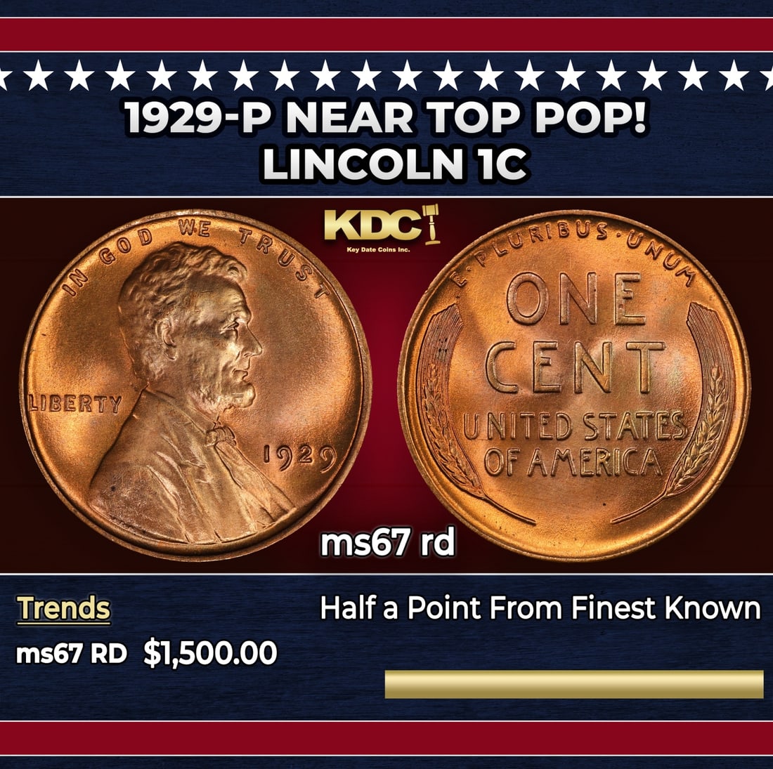 1929-p Lincoln Cent Near Top Pop! 1c ms67 rd SEGS: 1929-p Near Top Pop! Lincoln Cent 1c ms67 rd SEGS.