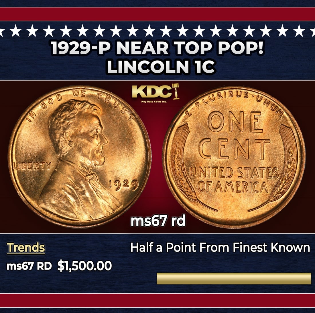 1929-p Lincoln Cent Near Top Pop! 1c ms67 rd SEGS: 1929-p Near Top Pop! Lincoln Cent 1c ms67 rd SEGS.
