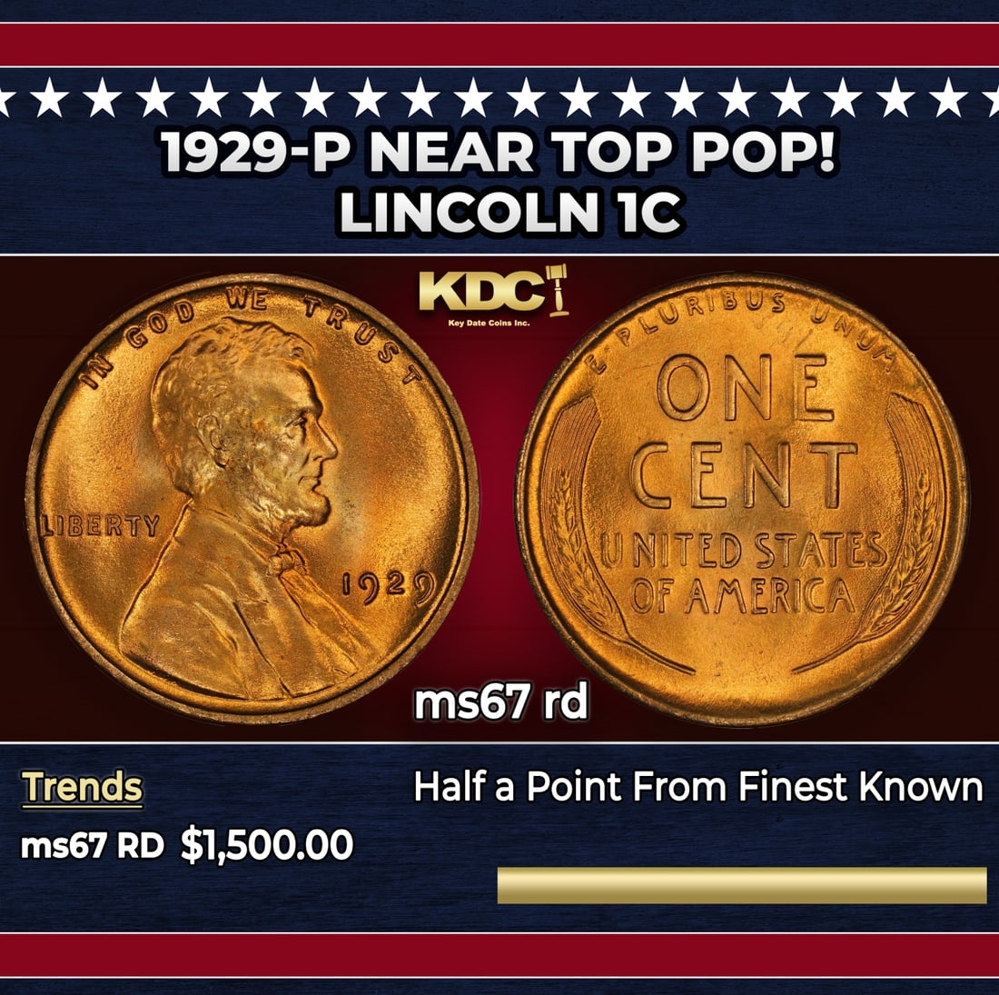 1929-p Lincoln Cent Near Top Pop! 1c ms67 rd SEGS: 1929-p Near Top Pop! Lincoln Cent 1c ms67 rd SEGS.