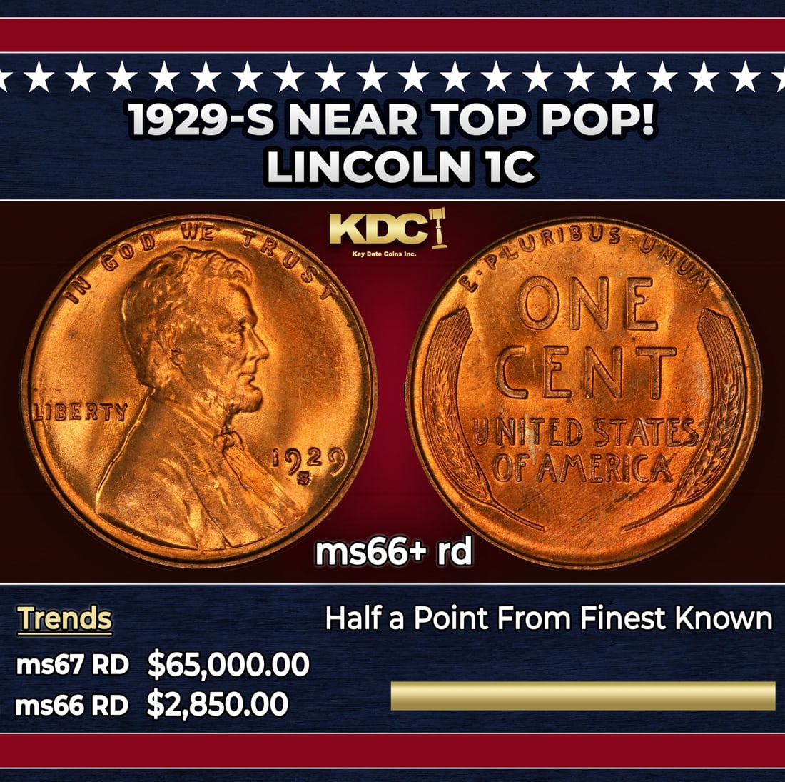 1929-s Lincoln Cent Near Top Pop! 1c ms66+ rd SEGS: 1929-s Near Top Pop! Lincoln Cent 1c ms66+ rd SEGS.
