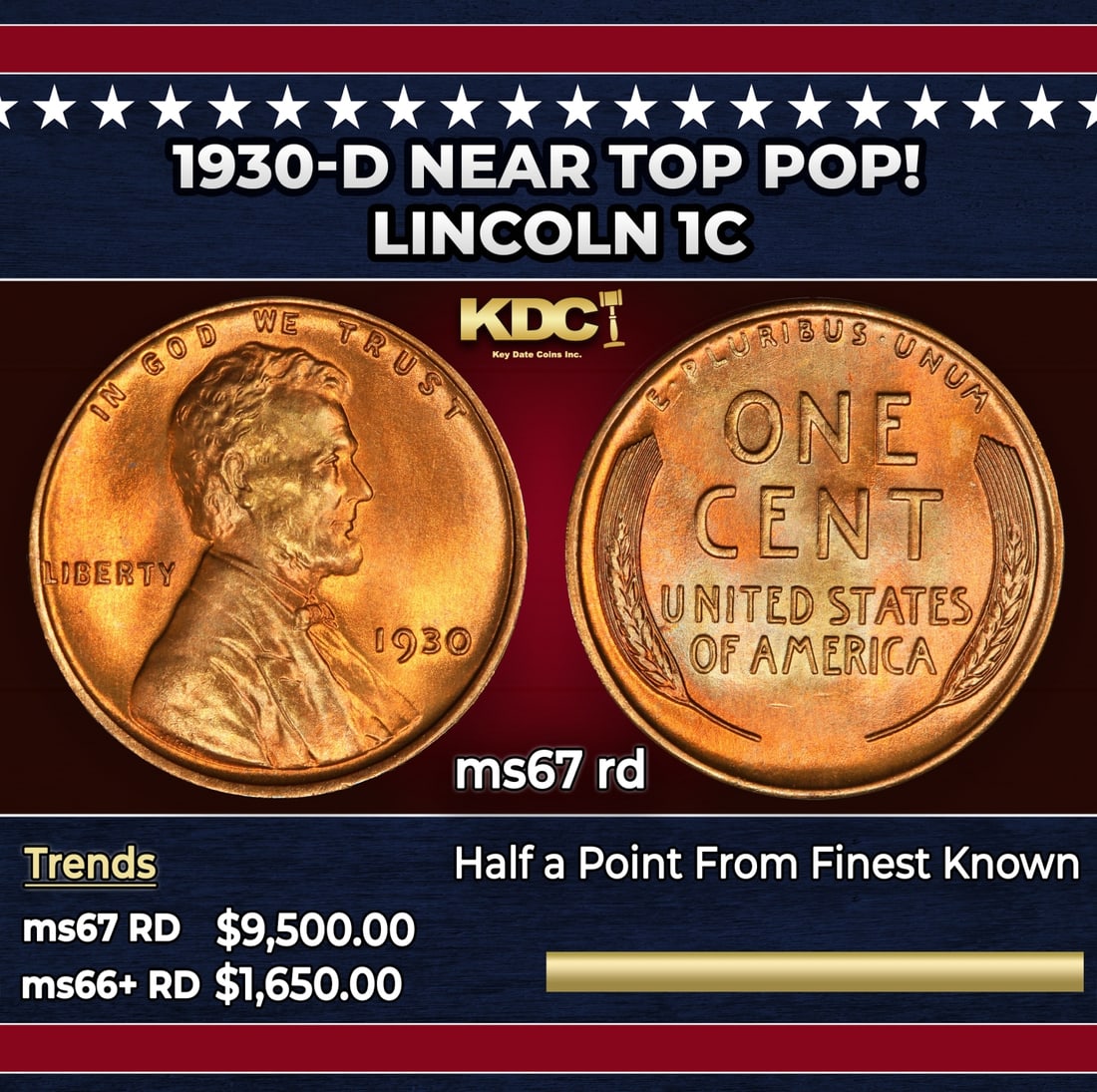 1930-d Lincoln Cent Near Top Pop! 1c ms67 rd SEGS: 1930-d Near Top Pop! Lincoln Cent 1c ms67 rd SEGS.
