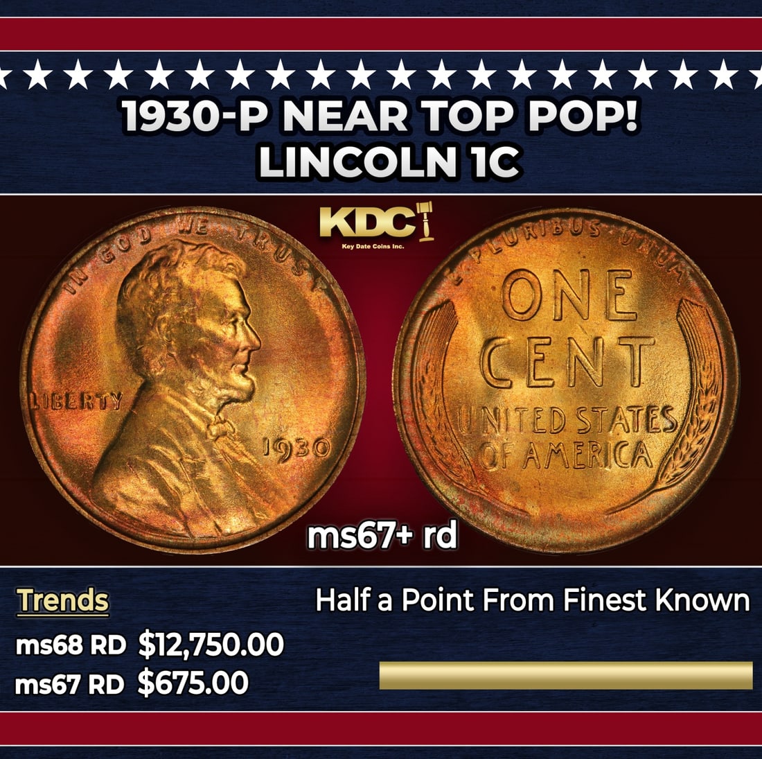1930-p Lincoln Cent Near Top Pop! 1c ms67+ rd SEGS: 1930-p Near Top Pop! Lincoln Cent 1c ms67+ rd SEGS.