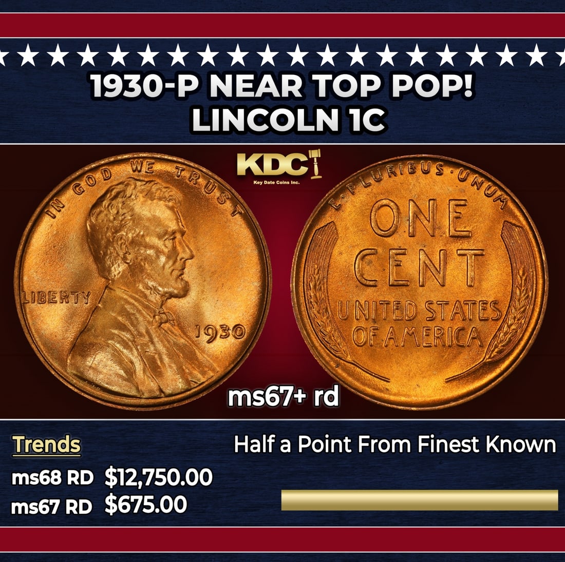 1930-p Lincoln Cent Near Top Pop! 1c ms67+ rd SEGS: 1930-p Near Top Pop! Lincoln Cent 1c ms67+ rd SEGS.