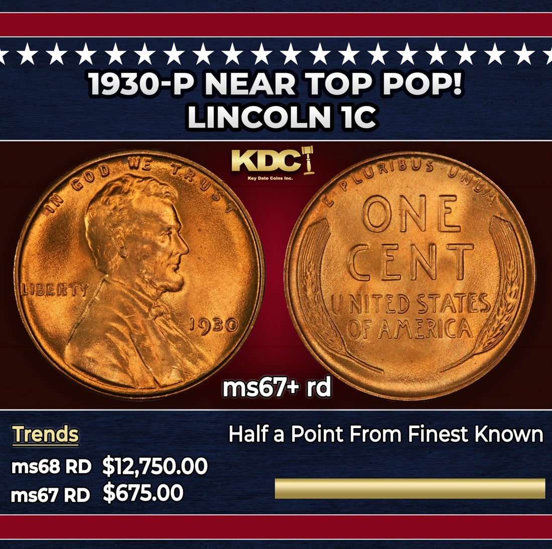 1930-p Lincoln Cent Near Top Pop! 1c ms67+ rd SEGS: 1930-p Near Top Pop! Lincoln Cent 1c ms67+ rd SEGS.