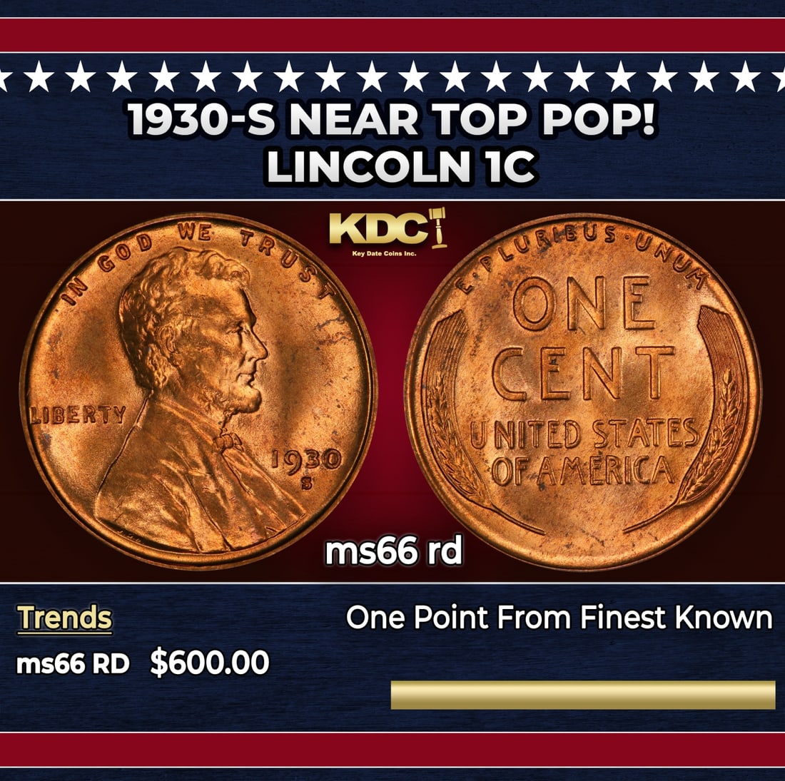 1930-s Lincoln Cent Near Top Pop! 1c Grades ms66 rd: 1930-s Near Top Pop! Lincoln Cent 1c Grades ms66 rd.