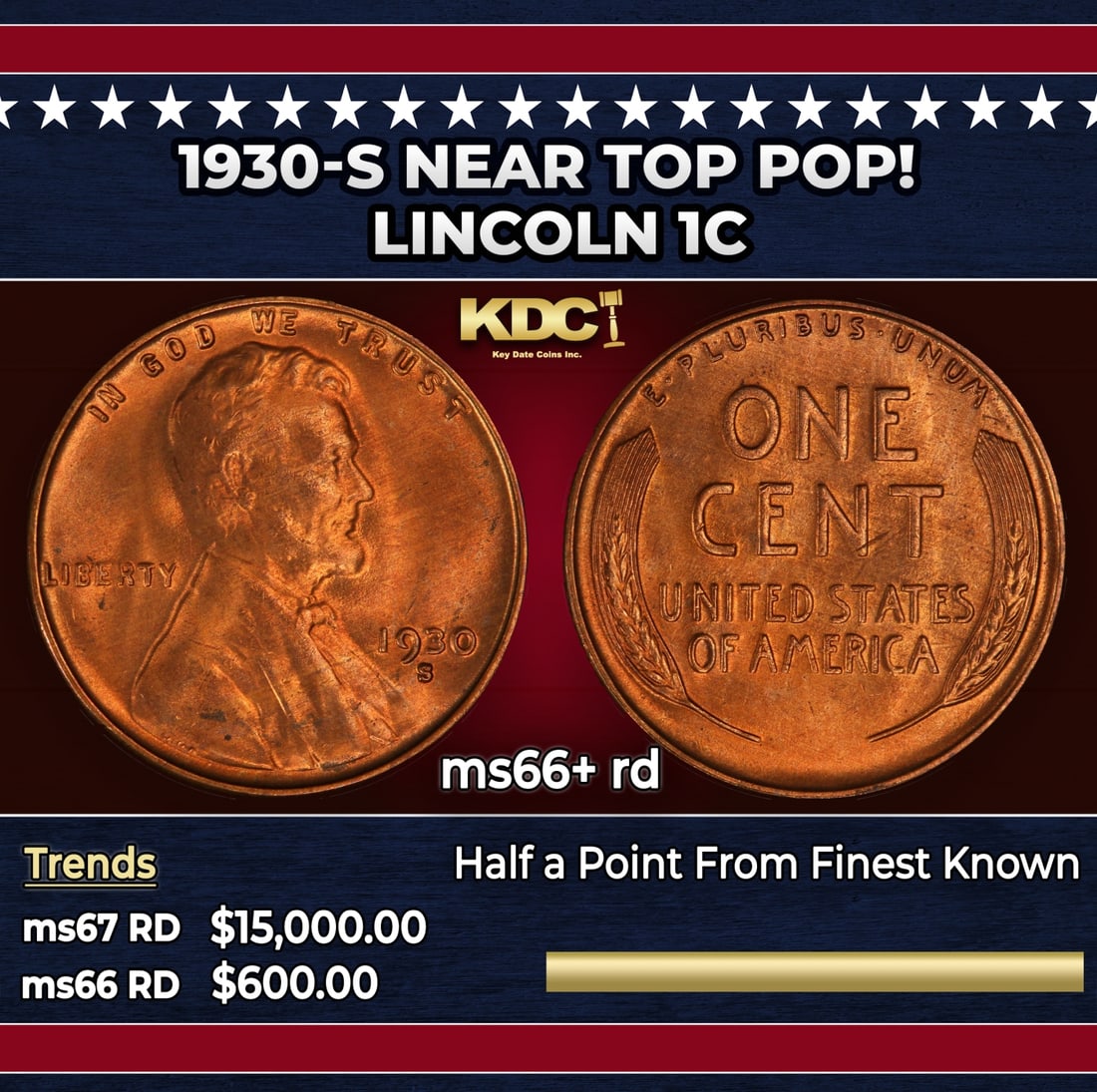 1930-s Lincoln Cent Near Top Pop! 1c ms66+ rd SEGS: 1930-s Near Top Pop! Lincoln Cent 1c ms66+ rd SEGS.