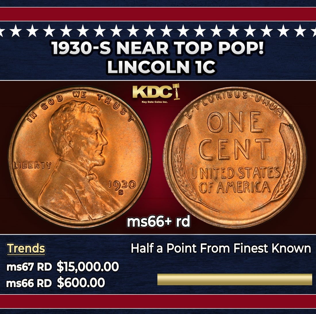 1930-s Lincoln Cent Near Top Pop! 1c ms66+ rd SEGS: 1930-s Near Top Pop! Lincoln Cent 1c ms66+ rd SEGS.