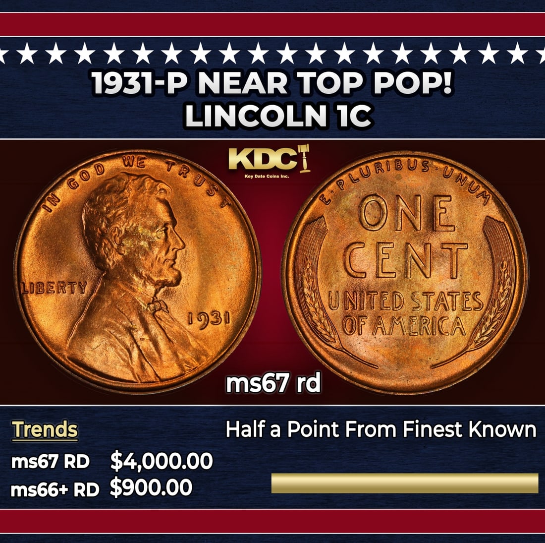 1931-p Lincoln Cent Near Top Pop! 1c ms67 rd SEGS: 1931-p Near Top Pop! Lincoln Cent 1c ms67 rd SEGS.