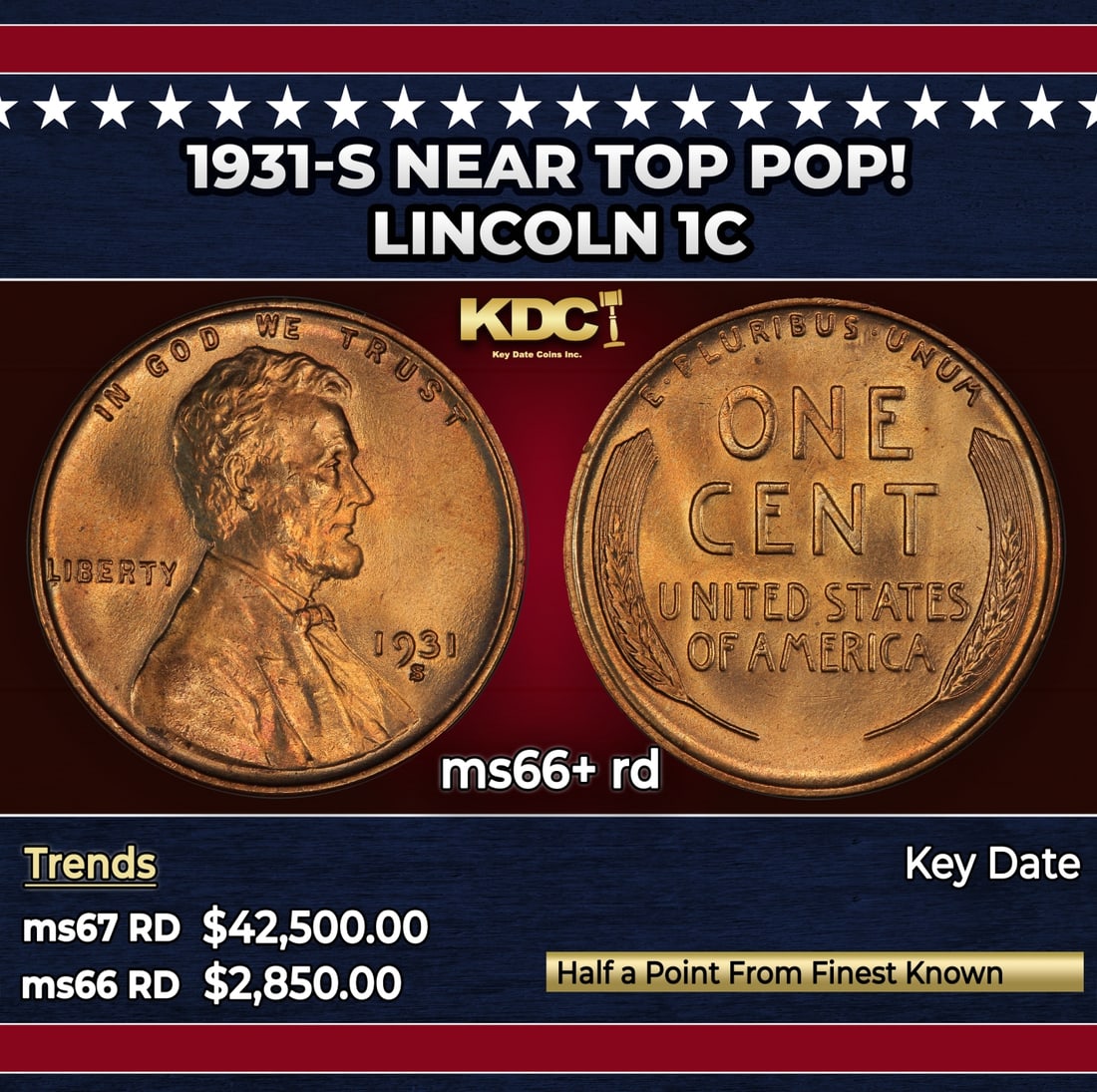1931-s Lincoln Cent Near Top Pop! 1c ms66+ rd SEGS: 1931-s Near Top Pop! Lincoln Cent 1c ms66+ rd SEGS. Incredibly scarce, Semi Key date.