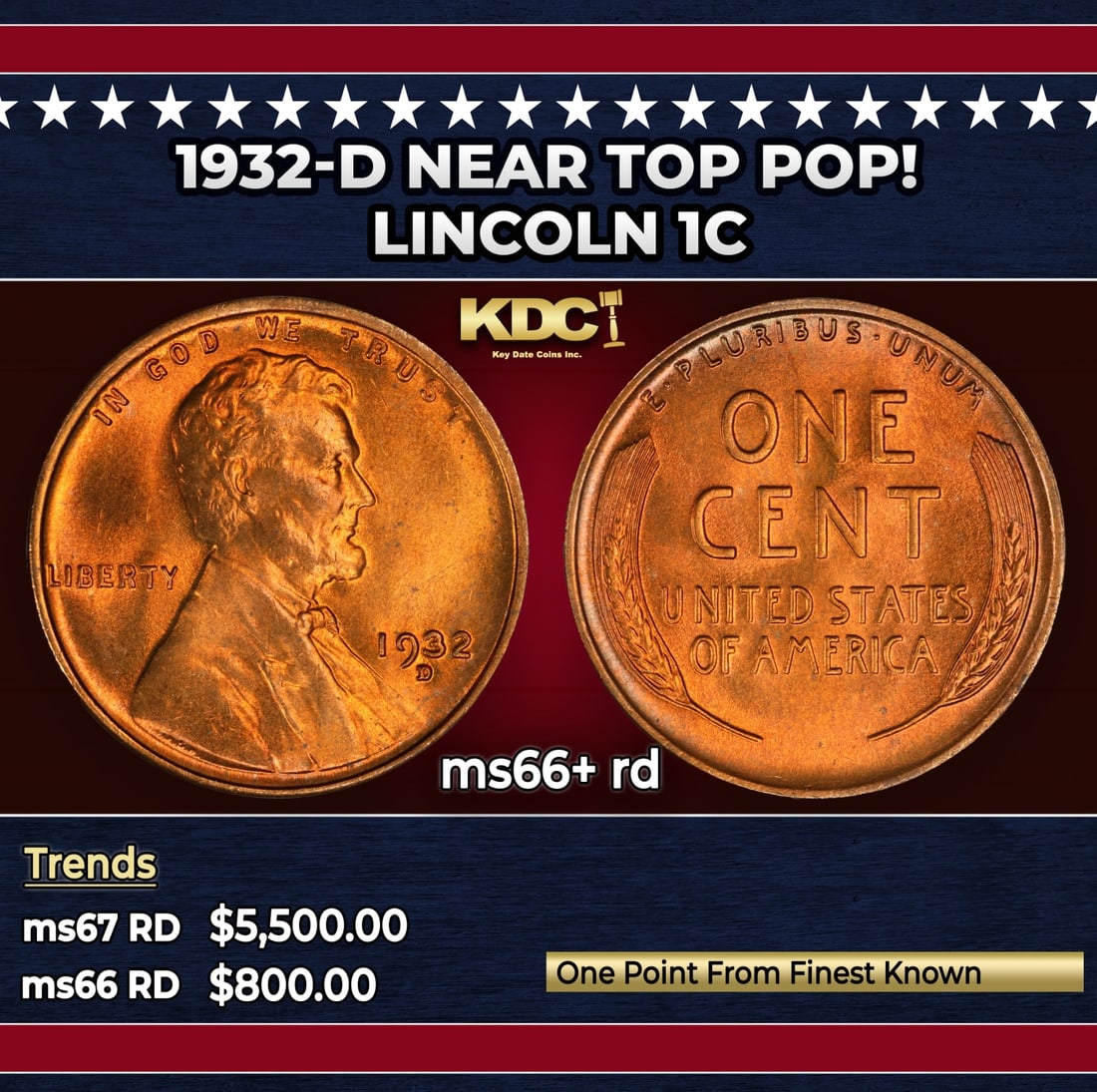 1932-d Lincoln Cent Near Top Pop! 1c ms66+ rd SEGS: 1932-d Near Top Pop! Lincoln Cent 1c ms66+ rd SEGS.