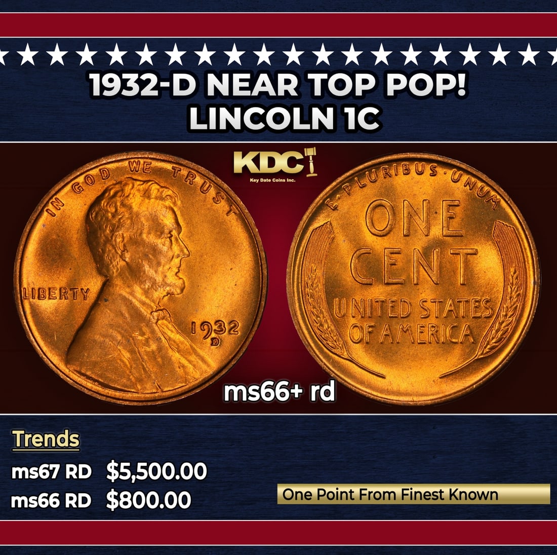 1932-d Lincoln Cent Near Top Pop! 1c ms66+ rd SEGS: 1932-d Near Top Pop! Lincoln Cent 1c ms66+ rd SEGS.