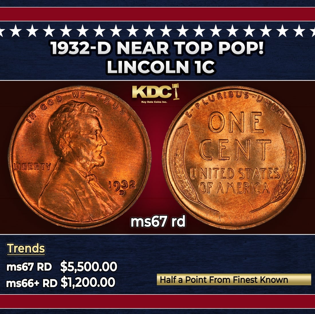 1932-d Lincoln Cent Near Top Pop! 1c ms67 rd SEGS: 1932-d Near Top Pop! Lincoln Cent 1c ms67 rd SEGS.