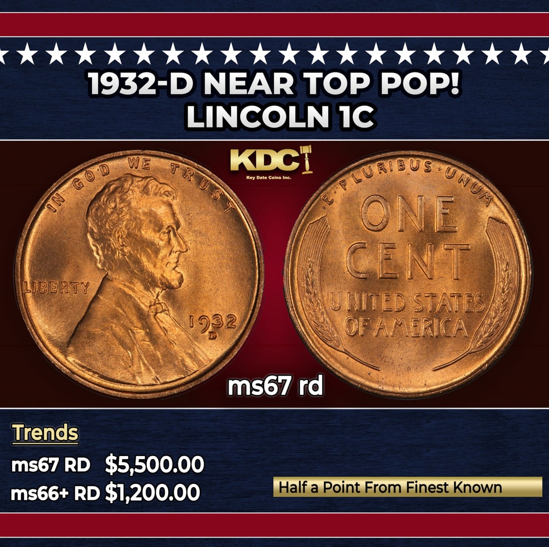1932-d Lincoln Cent Near Top Pop! 1c ms67 rd SEGS: 1932-d Near Top Pop! Lincoln Cent 1c ms67 rd SEGS.