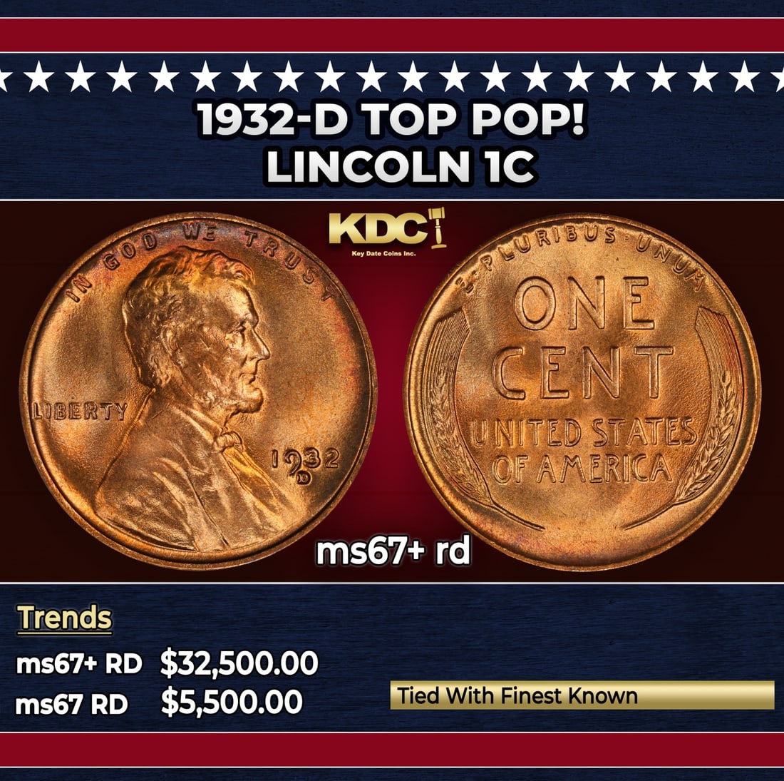 1932-d Lincoln Cent TOP POP! 1c ms67+ rd SEGS: 1932-d TOP POP! Lincoln Cent 1c ms67+ rd SEGS.