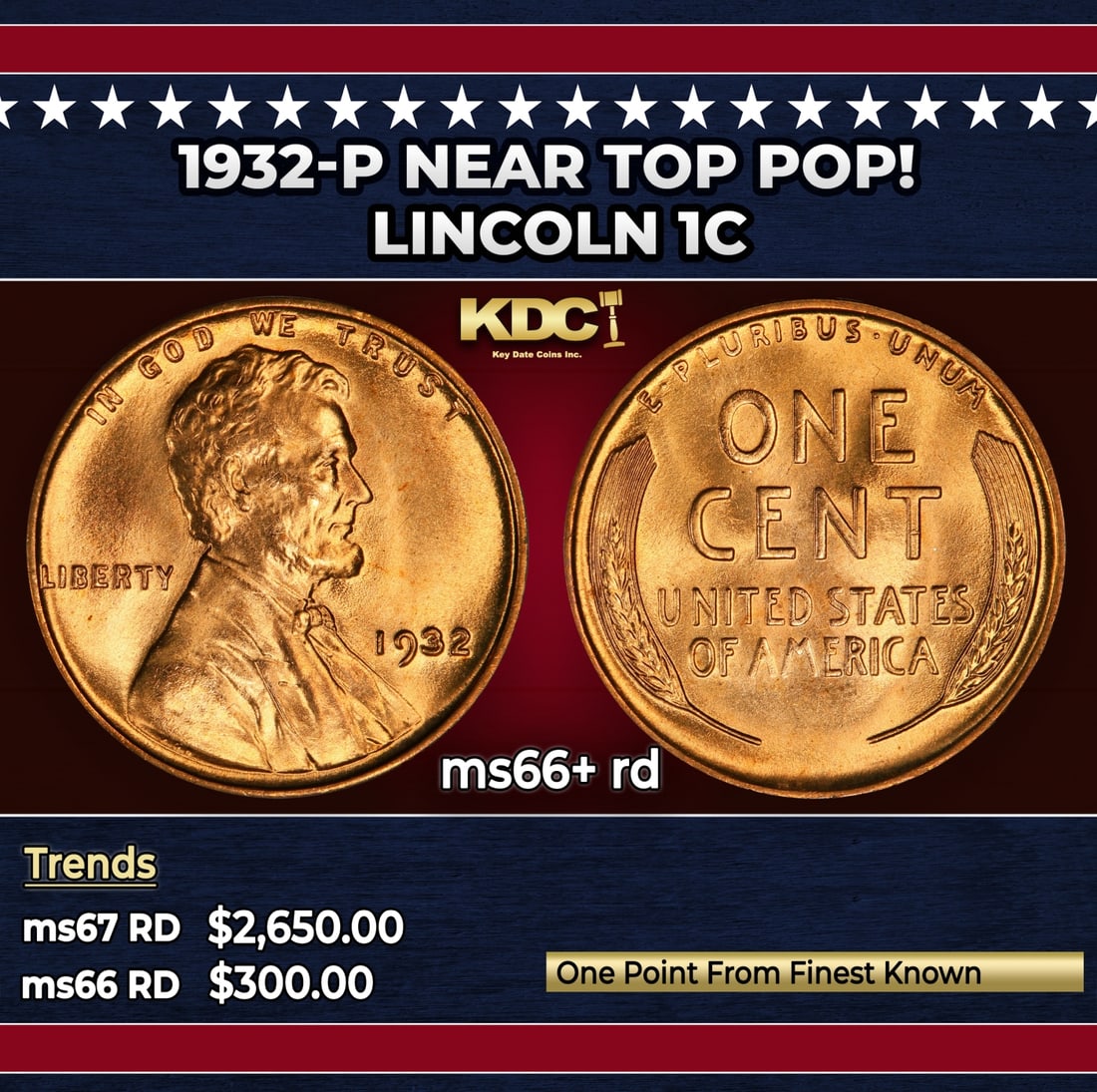1932-p Lincoln Cent Near Top Pop! 1c ms66+ rd SEGS: 1932-p Near Top Pop! Lincoln Cent 1c ms66+ rd SEGS.
